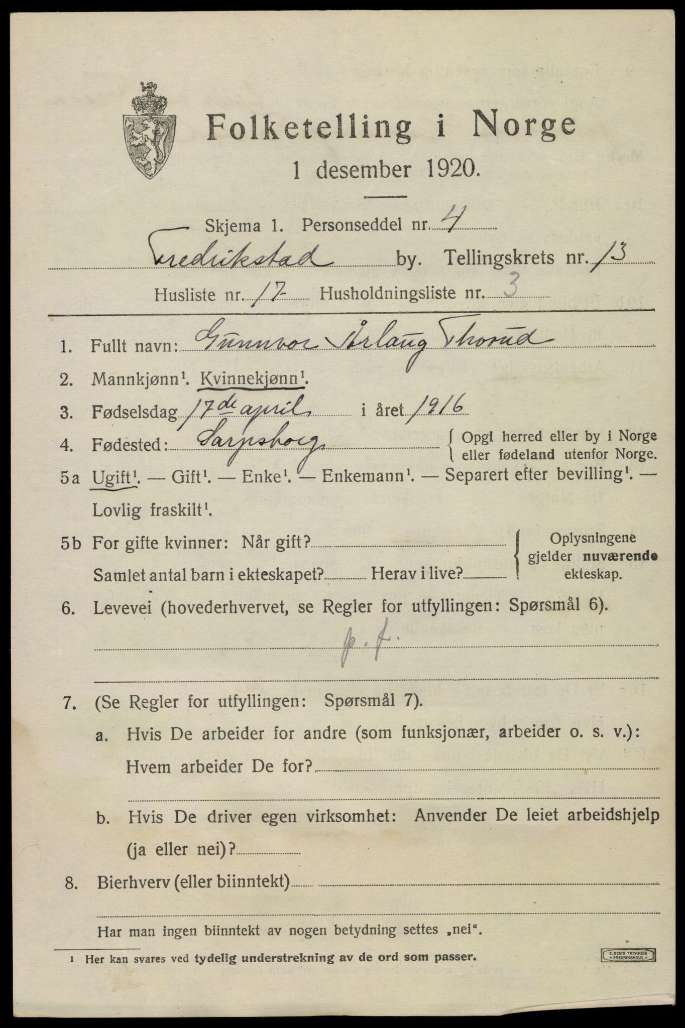 SAO, 1920 census for Fredrikstad, 1920, p. 32305