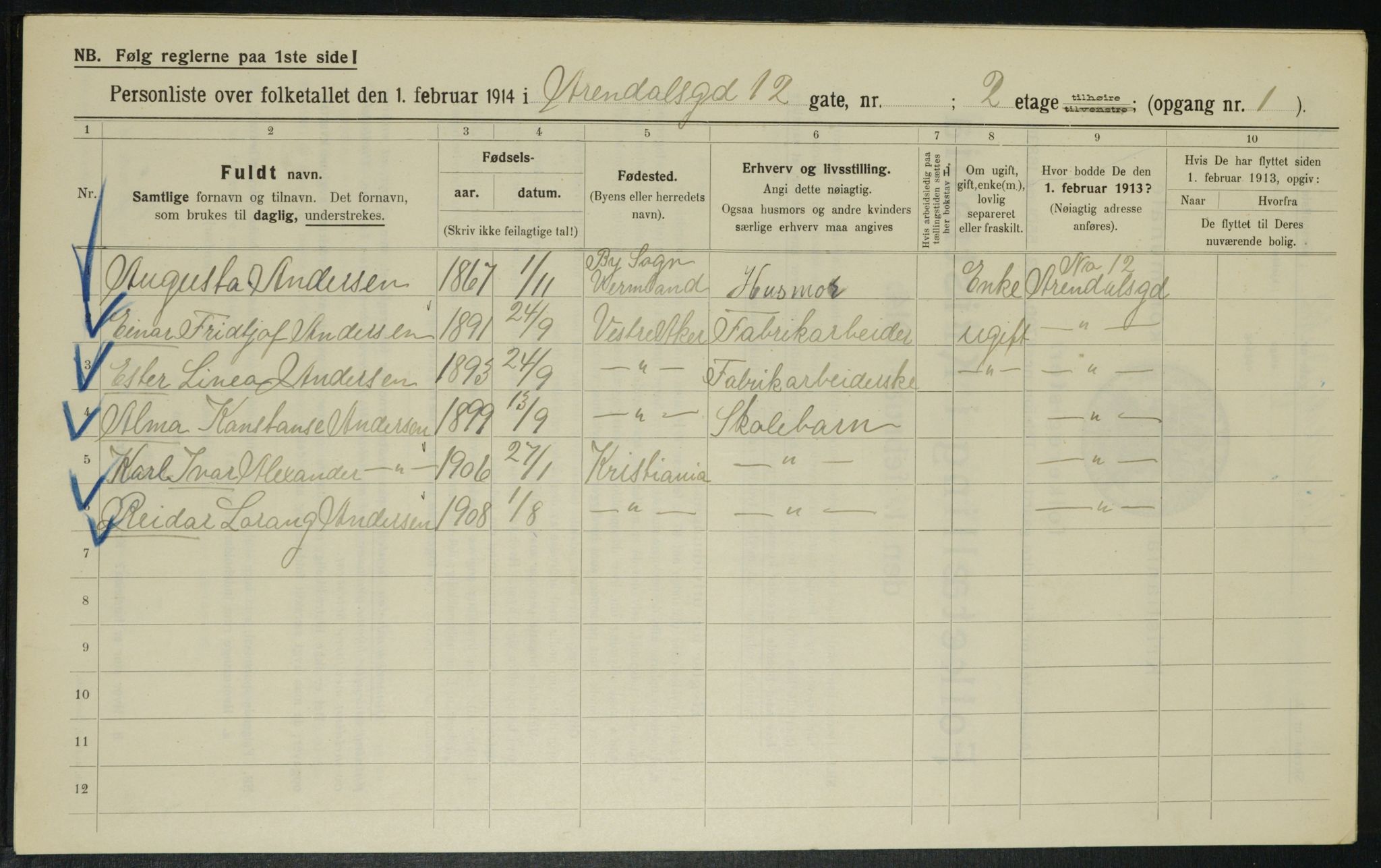 OBA, Municipal Census 1914 for Kristiania, 1914, p. 2019