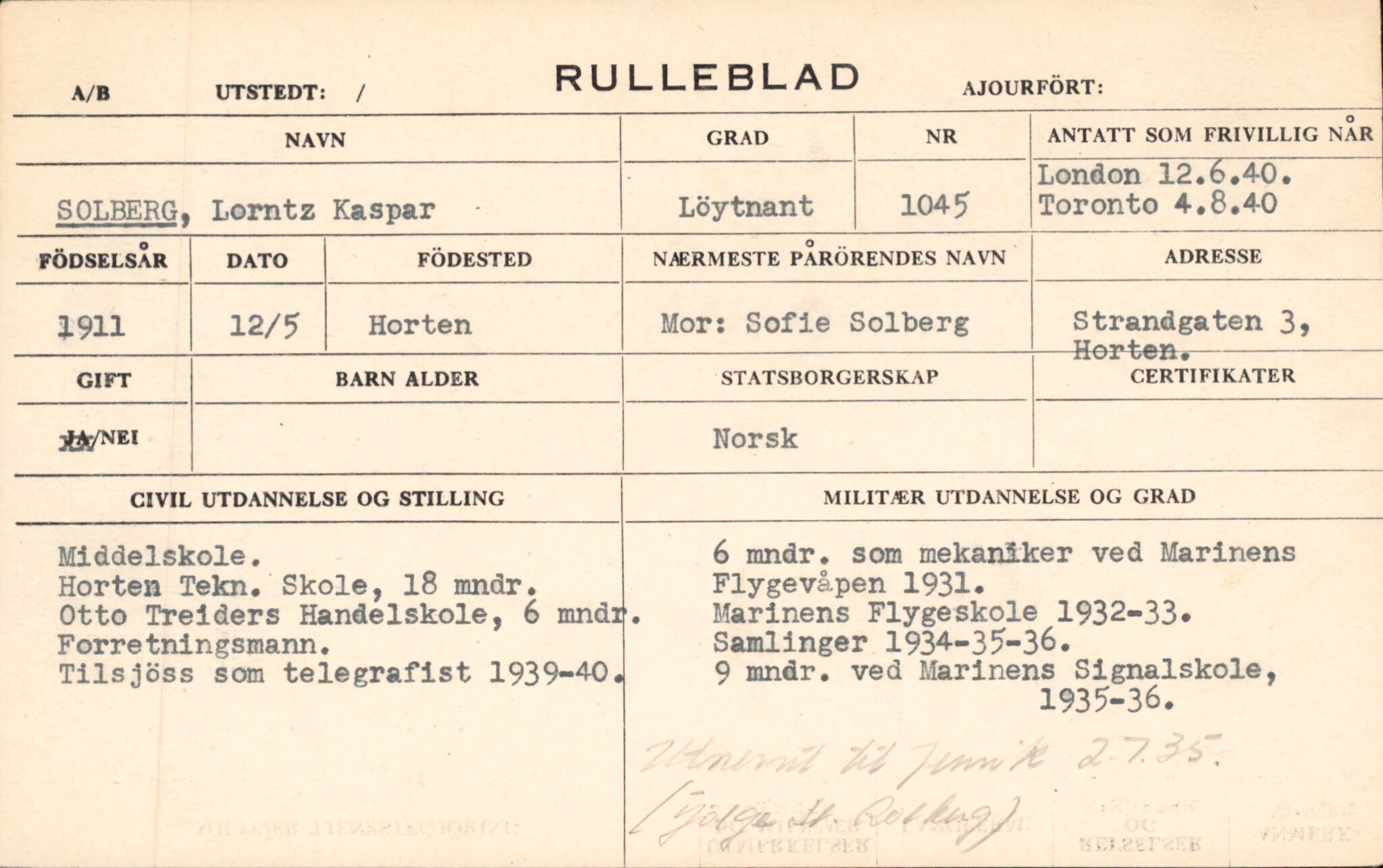 Forsvaret, Forsvarets overkommando/Luftforsvarsstaben, AV/RA-RAFA-4079/P/Pa/L0028: Personellpapirer, 1911, p. 169