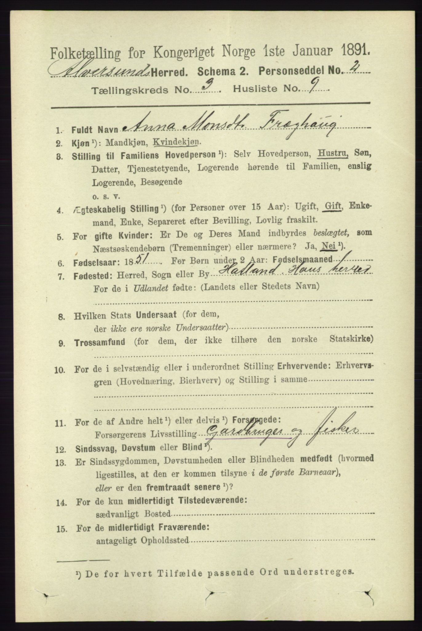 RA, 1891 census for 1257 Alversund, 1891, p. 1091