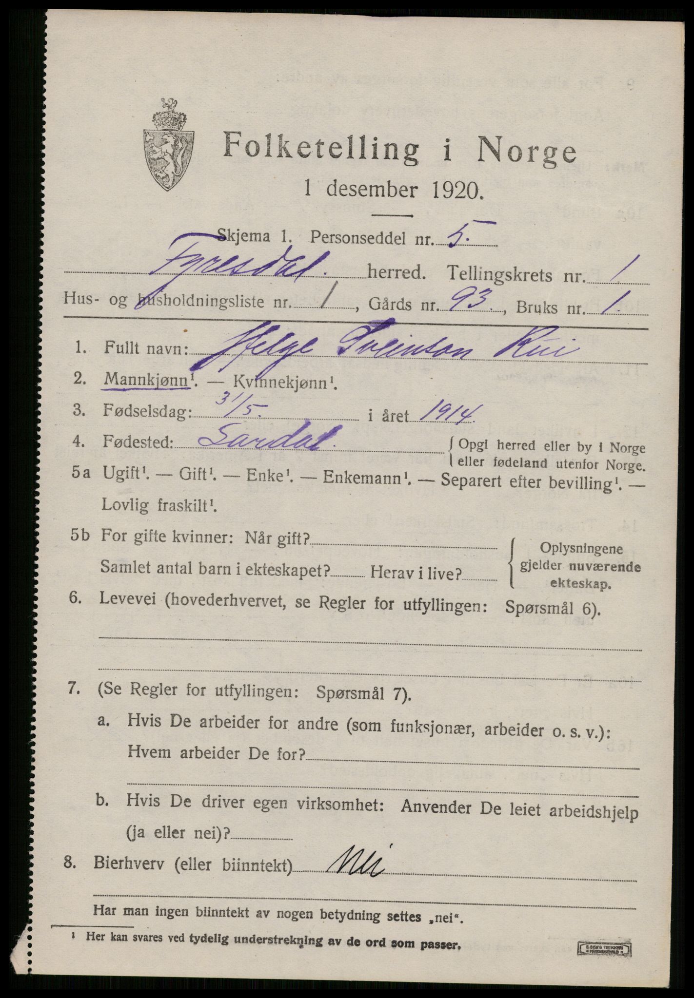 SAKO, 1920 census for Fyresdal, 1920, p. 973