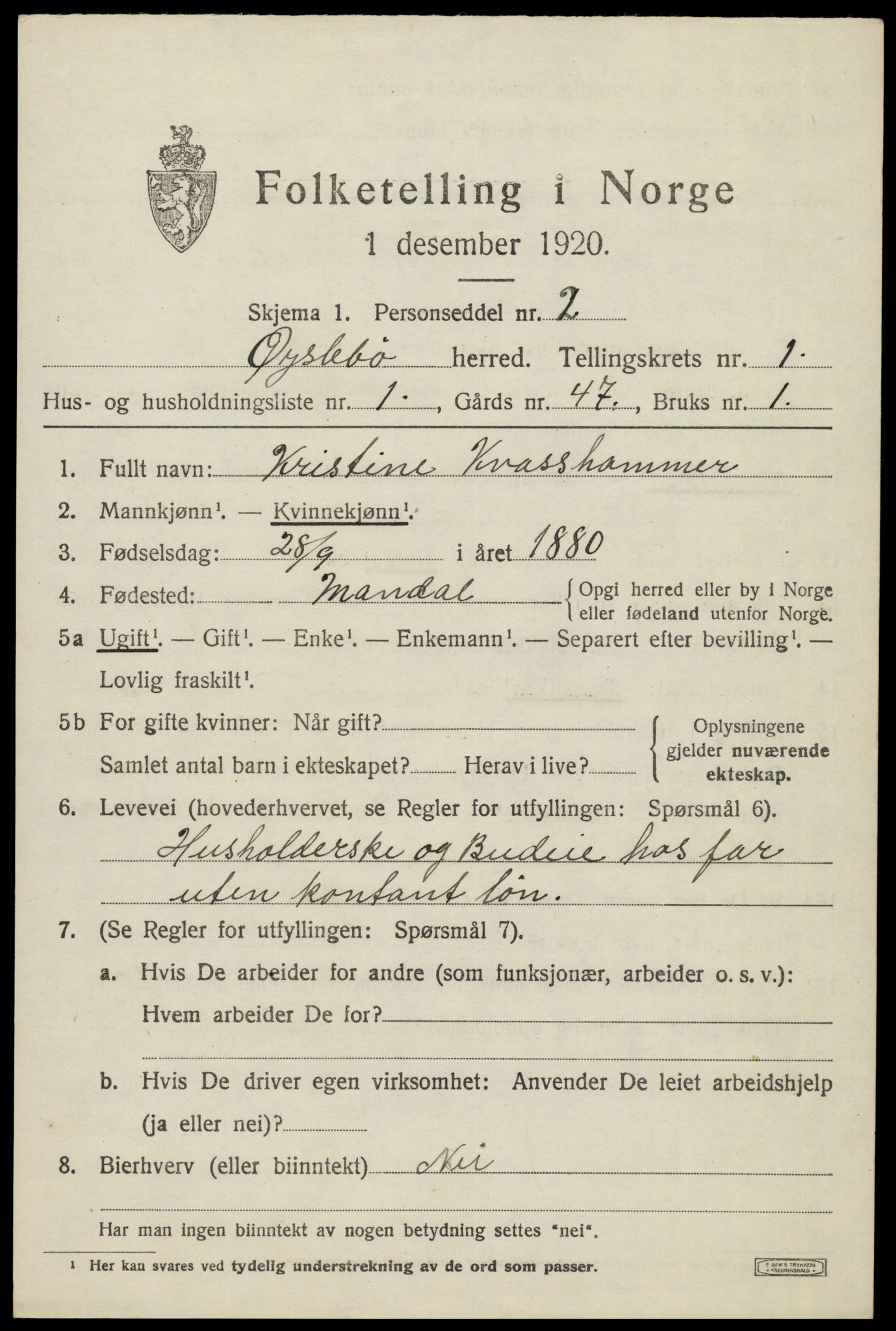 SAK, 1920 census for Øyslebø, 1920, p. 458