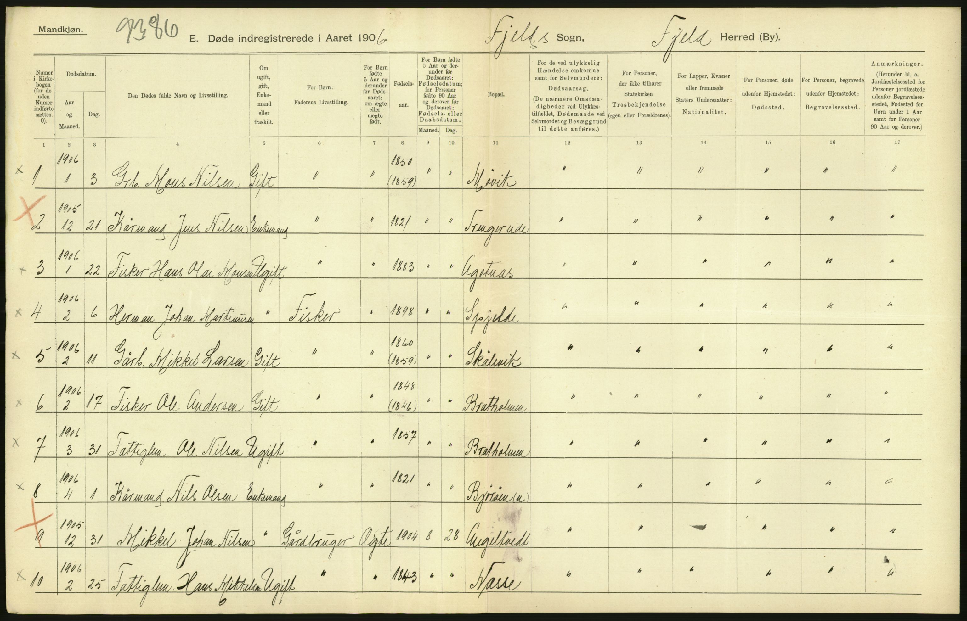 Statistisk sentralbyrå, Sosiodemografiske emner, Befolkning, AV/RA-S-2228/D/Df/Dfa/Dfad/L0030: S. Bergenhus amt: Døde. Bygder., 1906, p. 110