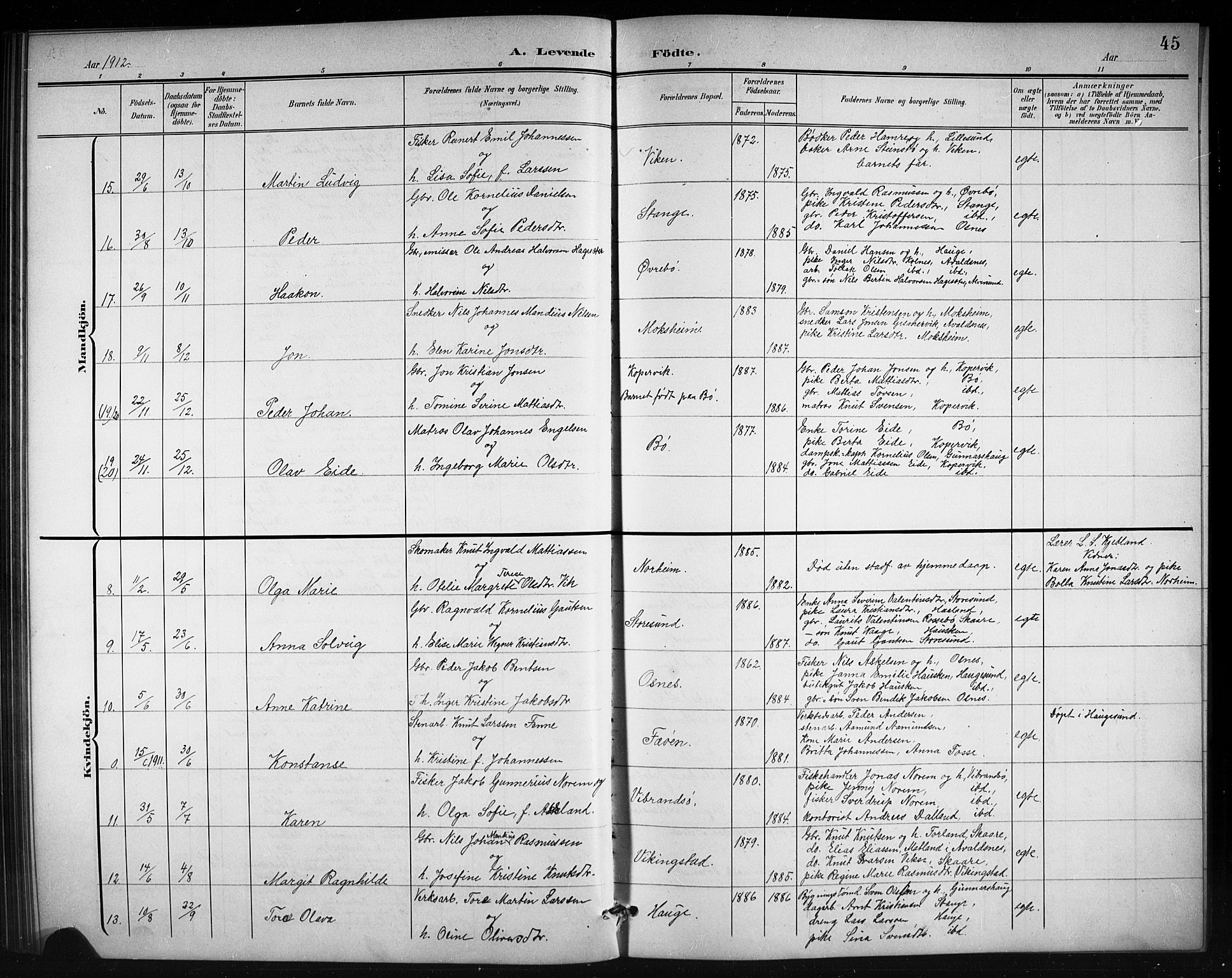 Torvastad sokneprestkontor, AV/SAST-A -101857/H/Ha/Hab/L0008: Parish register (copy) no. B 8, 1901-1924, p. 45