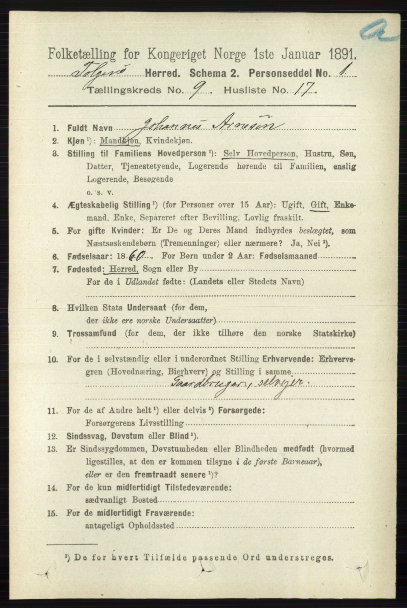 RA, 1891 census for 0436 Tolga, 1891, p. 2614