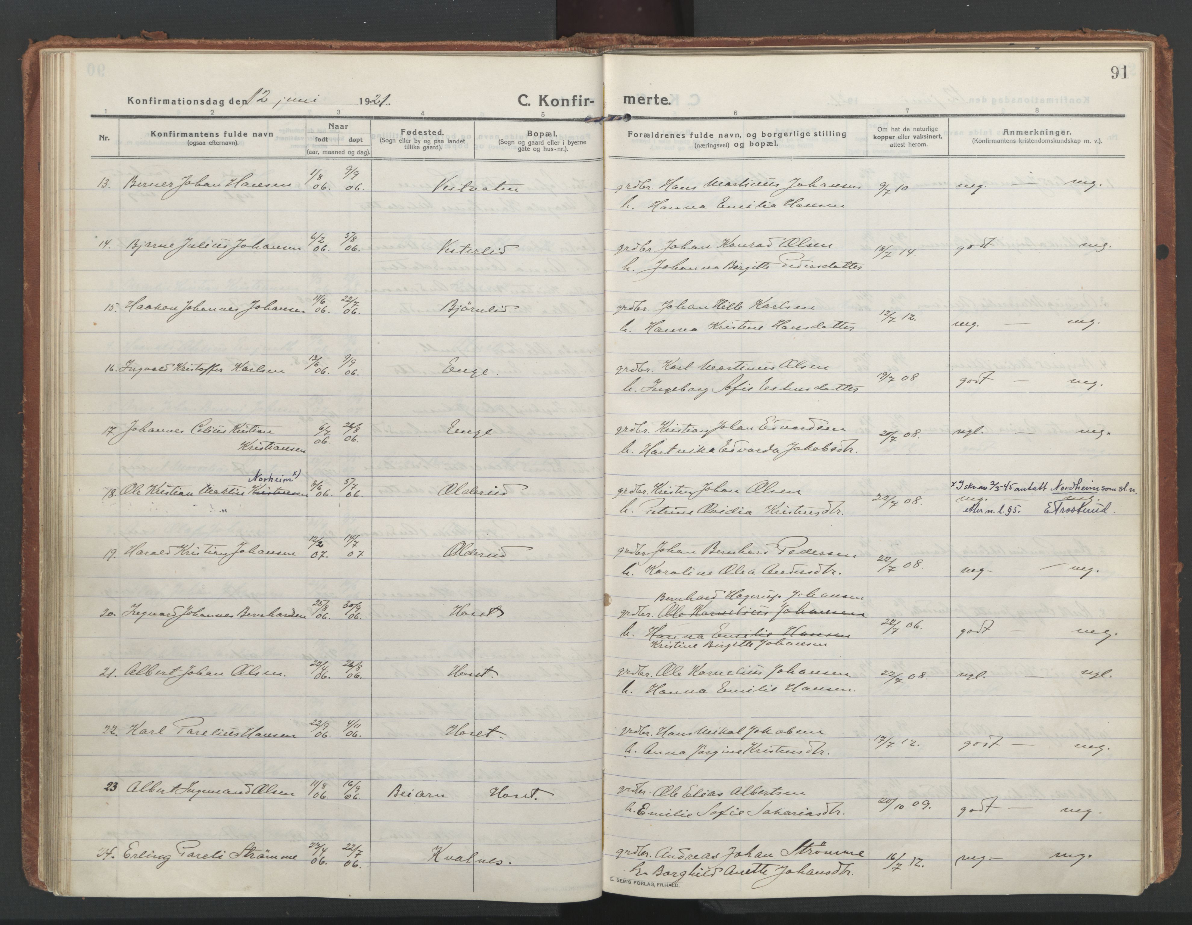 Ministerialprotokoller, klokkerbøker og fødselsregistre - Nordland, AV/SAT-A-1459/852/L0748: Parish register (official) no. 852A18, 1913-1932, p. 91