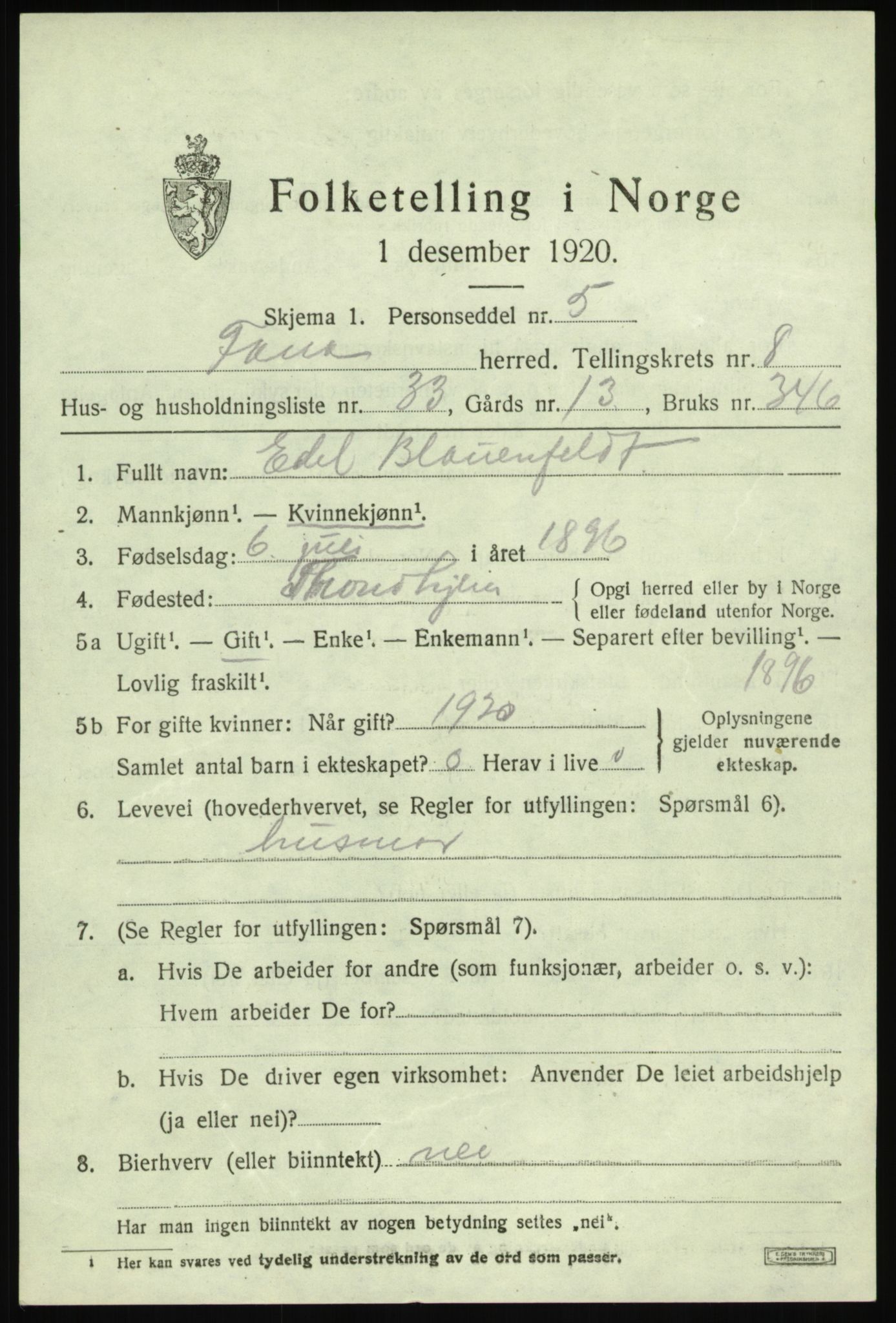 SAB, 1920 census for Fana, 1920, p. 13877