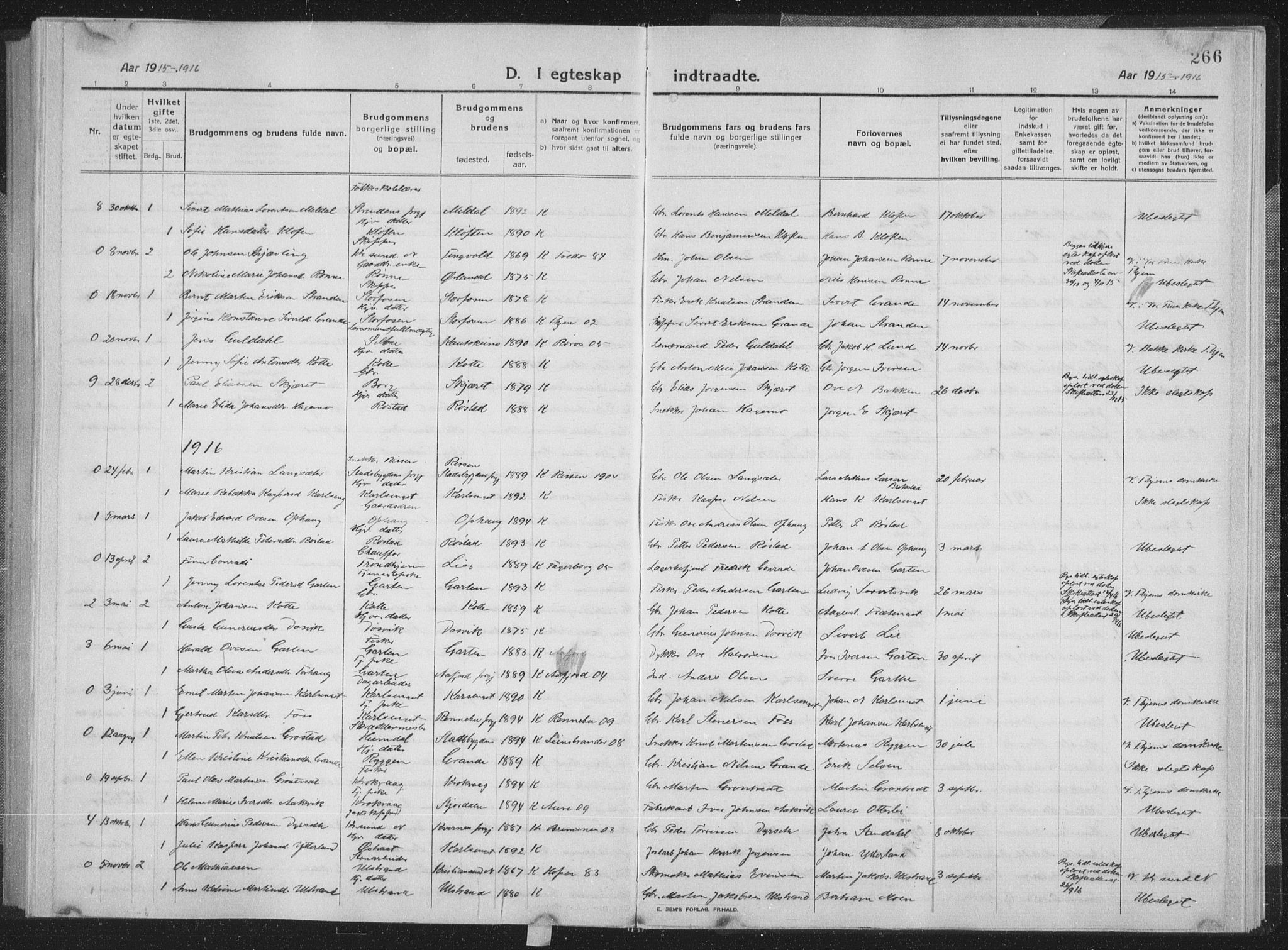 Ministerialprotokoller, klokkerbøker og fødselsregistre - Sør-Trøndelag, SAT/A-1456/659/L0747: Parish register (copy) no. 659C04, 1913-1938, p. 266
