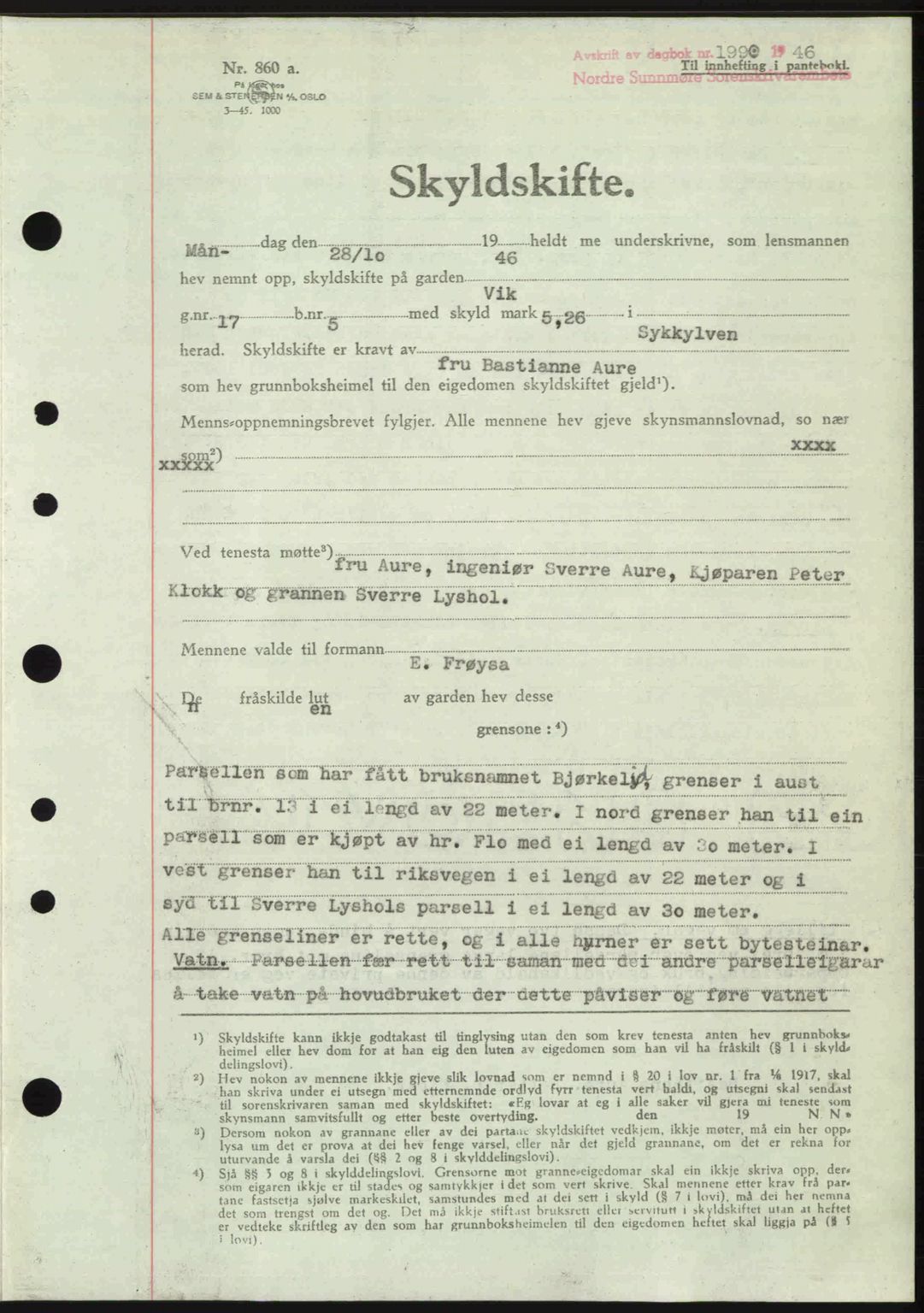 Nordre Sunnmøre sorenskriveri, AV/SAT-A-0006/1/2/2C/2Ca: Mortgage book no. A23, 1946-1947, Diary no: : 1990/1946