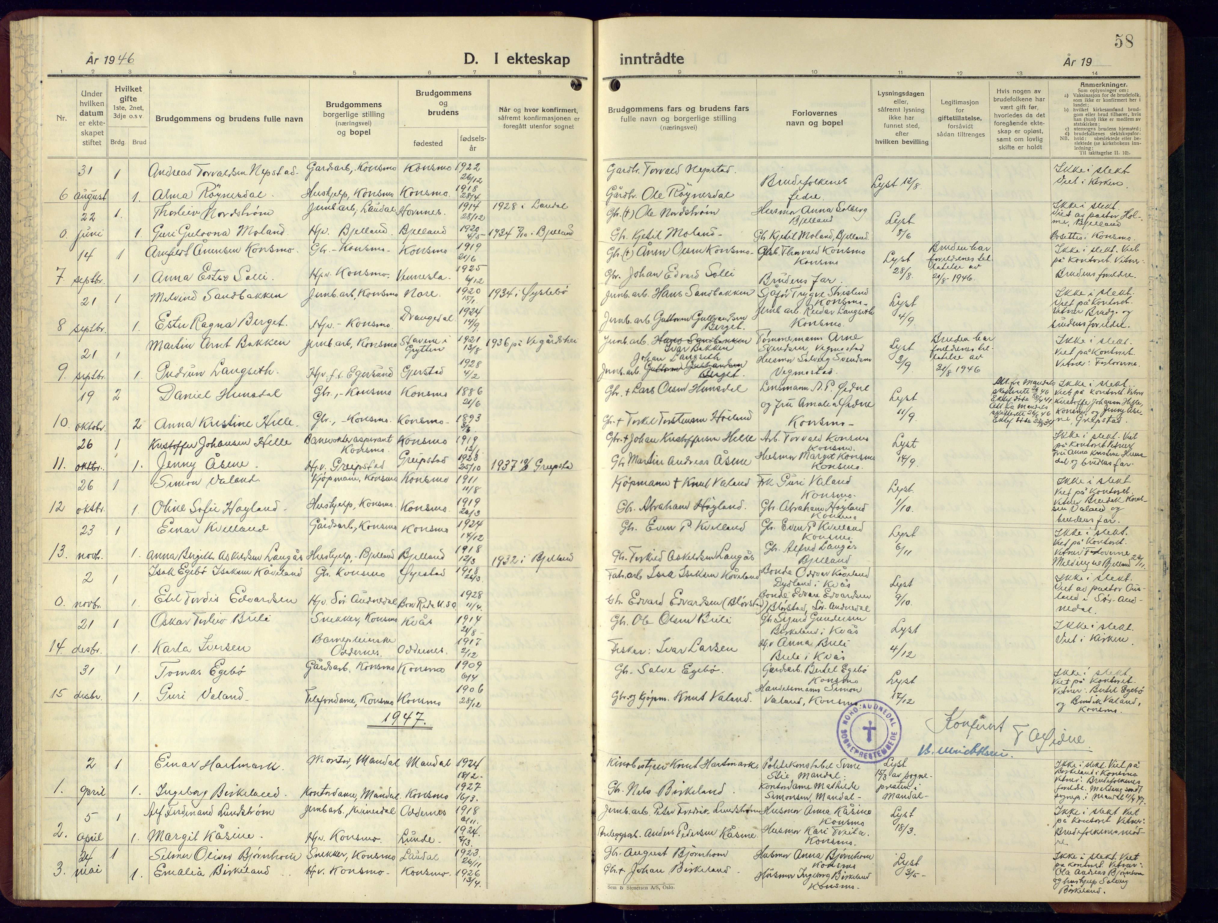 Nord-Audnedal sokneprestkontor, AV/SAK-1111-0032/F/Fb/Fba/L0007: Parish register (copy) no. B-7, 1944-1961, p. 58