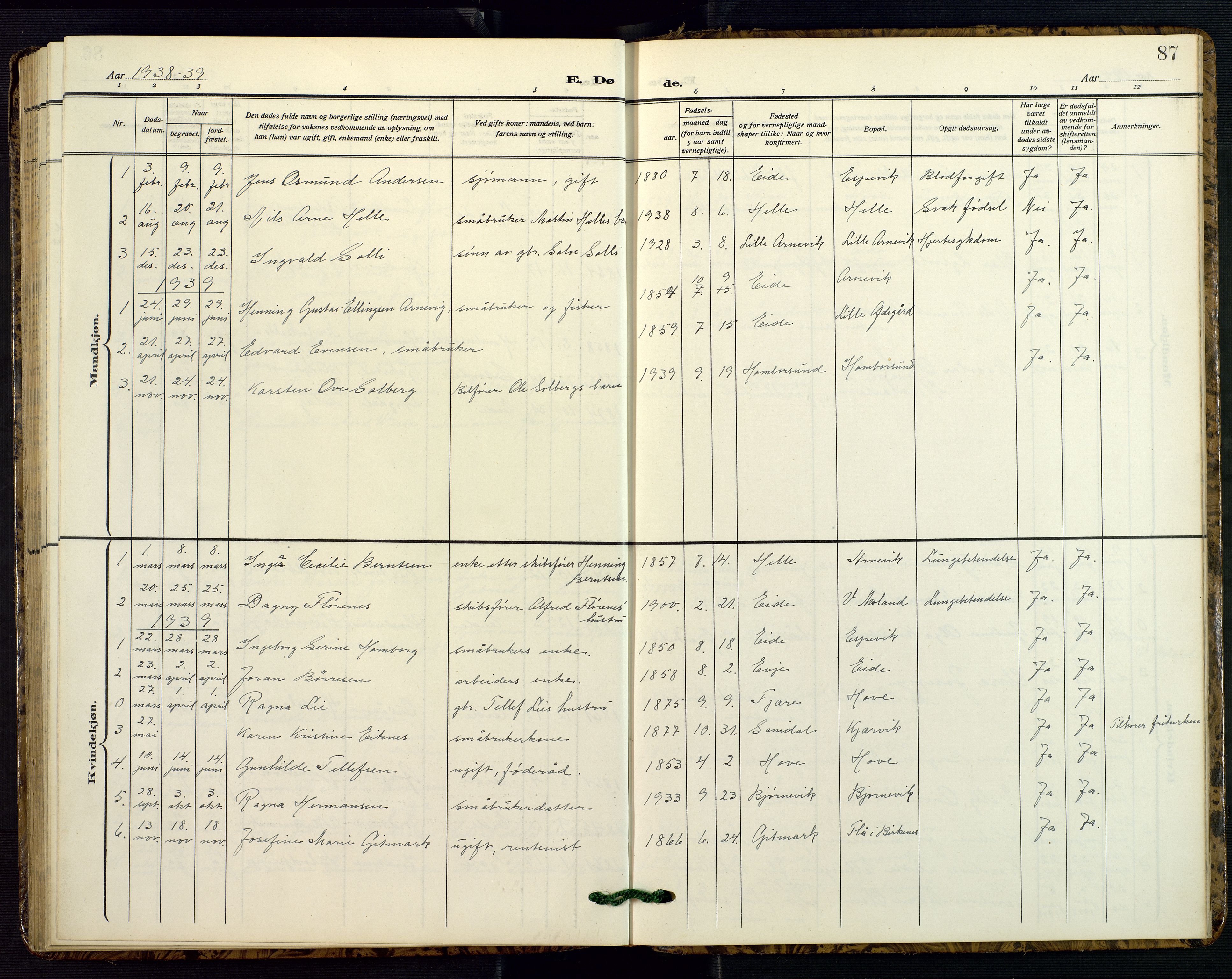 Hommedal sokneprestkontor, SAK/1111-0023/F/Fb/Fba/L0005: Parish register (copy) no. B 5, 1909-1957, p. 87