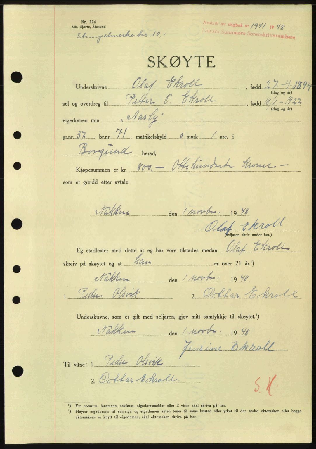 Nordre Sunnmøre sorenskriveri, AV/SAT-A-0006/1/2/2C/2Ca: Mortgage book no. A29, 1948-1949, Diary no: : 1941/1948