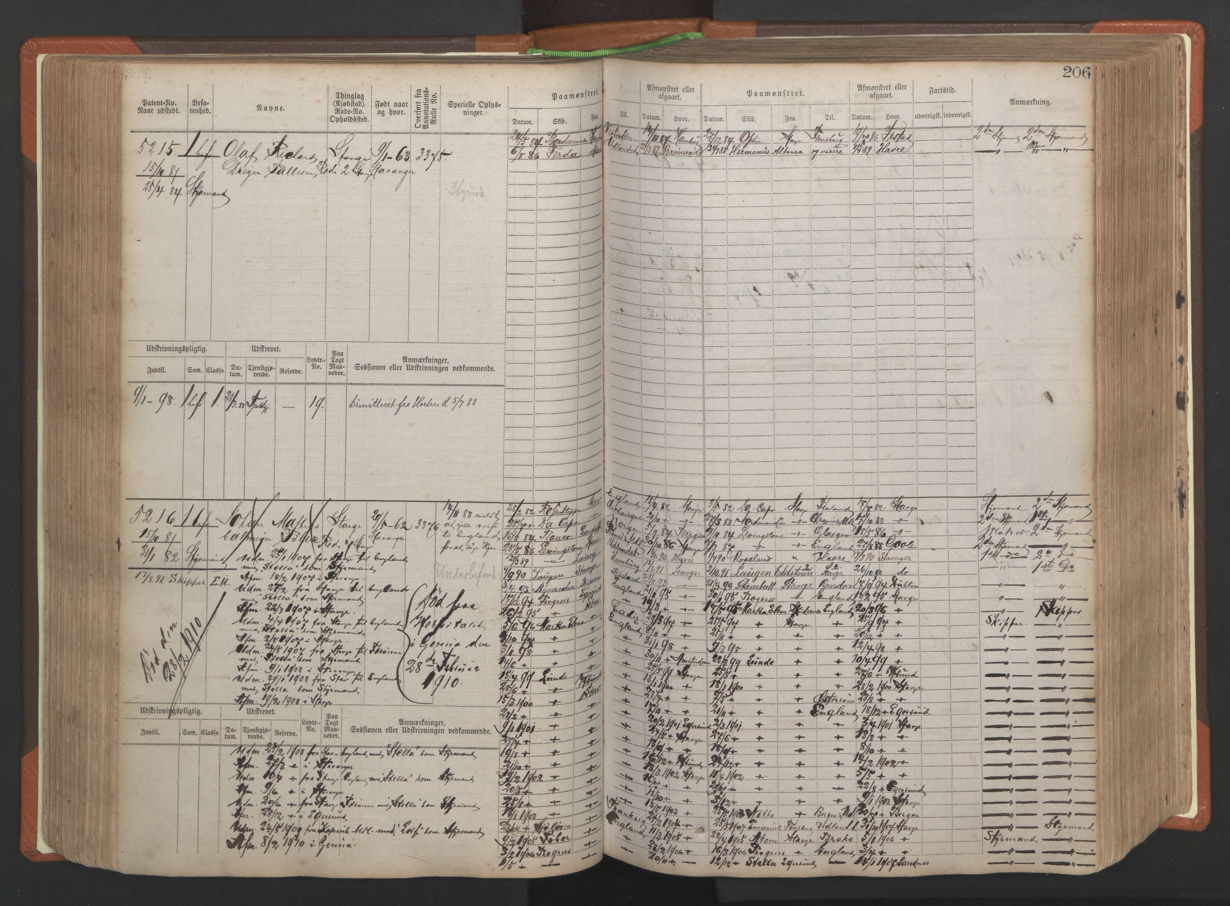 Stavanger sjømannskontor, AV/SAST-A-102006/F/Fb/Fbb/L0009: Sjøfartshovedrulle, patentnr. 4805-6006, 1879-1887, p. 212