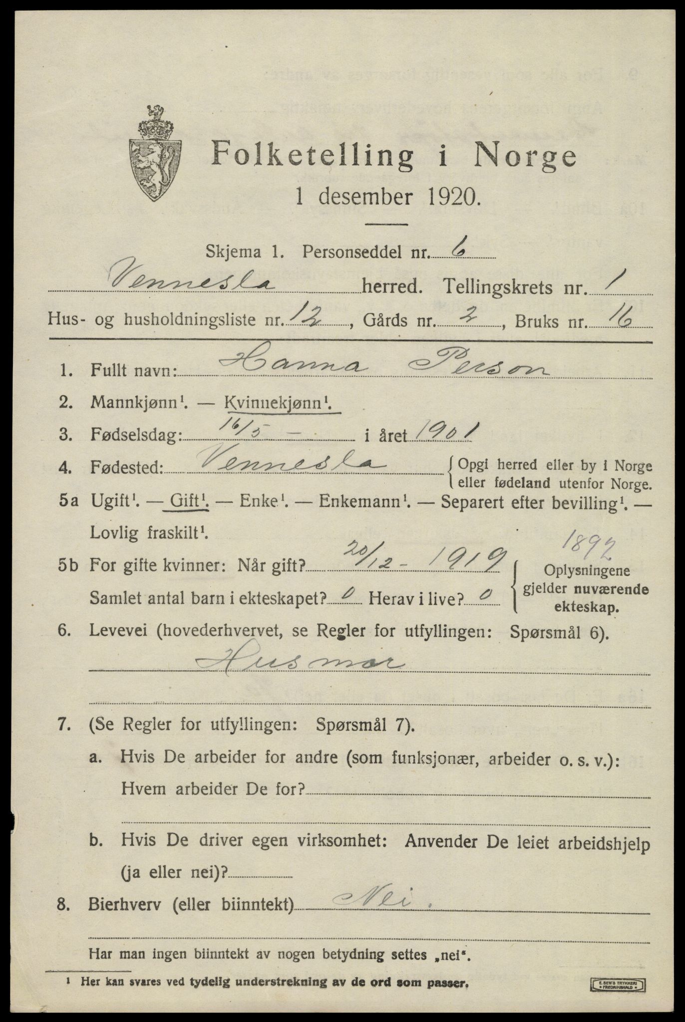 SAK, 1920 census for Vennesla, 1920, p. 1040