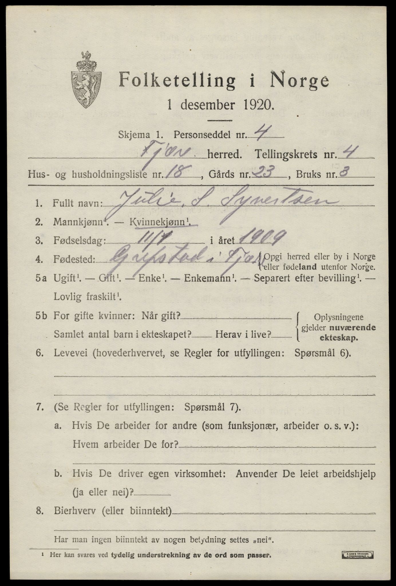 SAK, 1920 census for Fjære, 1920, p. 6509