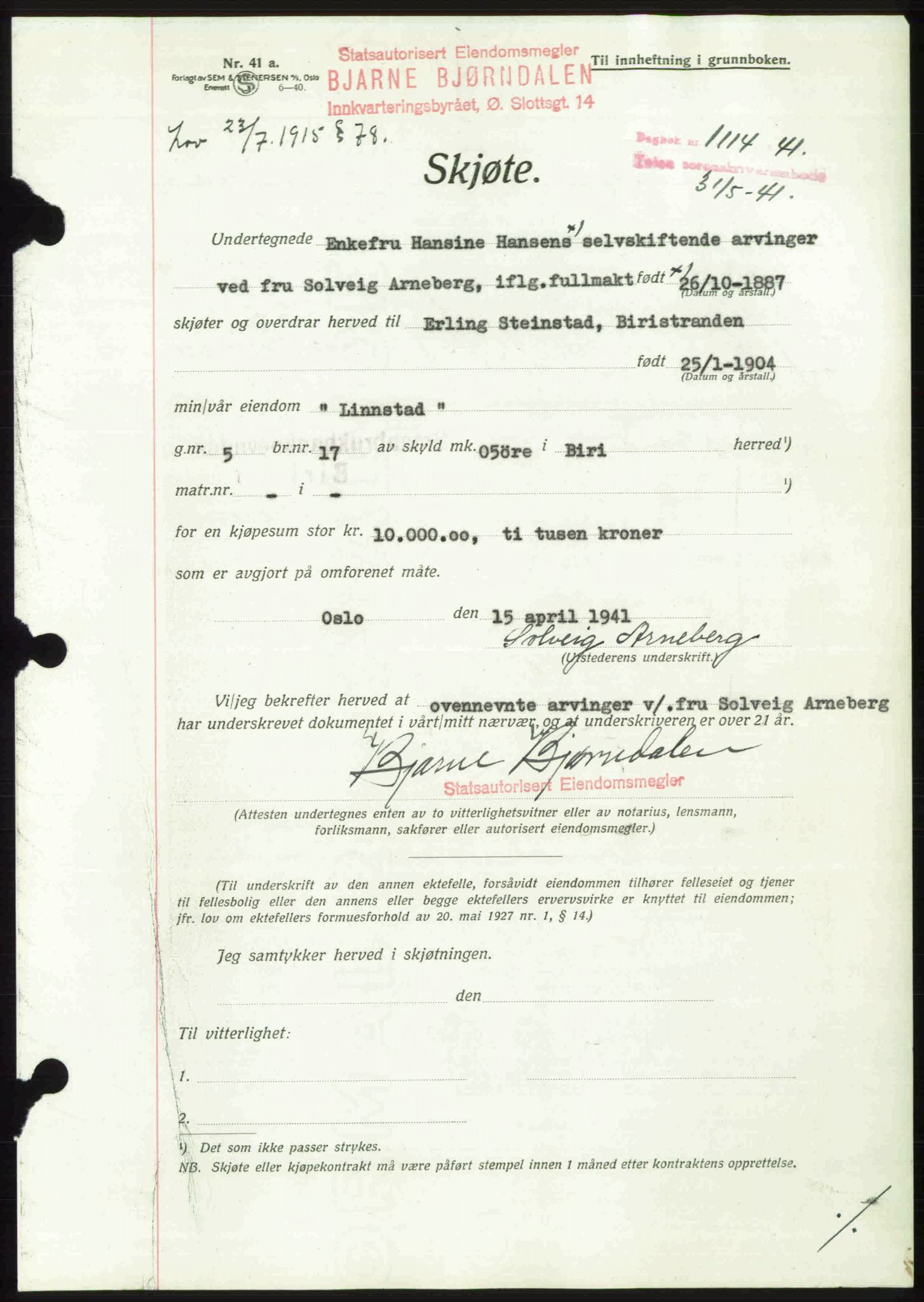 Toten tingrett, SAH/TING-006/H/Hb/Hbc/L0008: Mortgage book no. Hbc-08, 1941-1941, Diary no: : 1114/1941