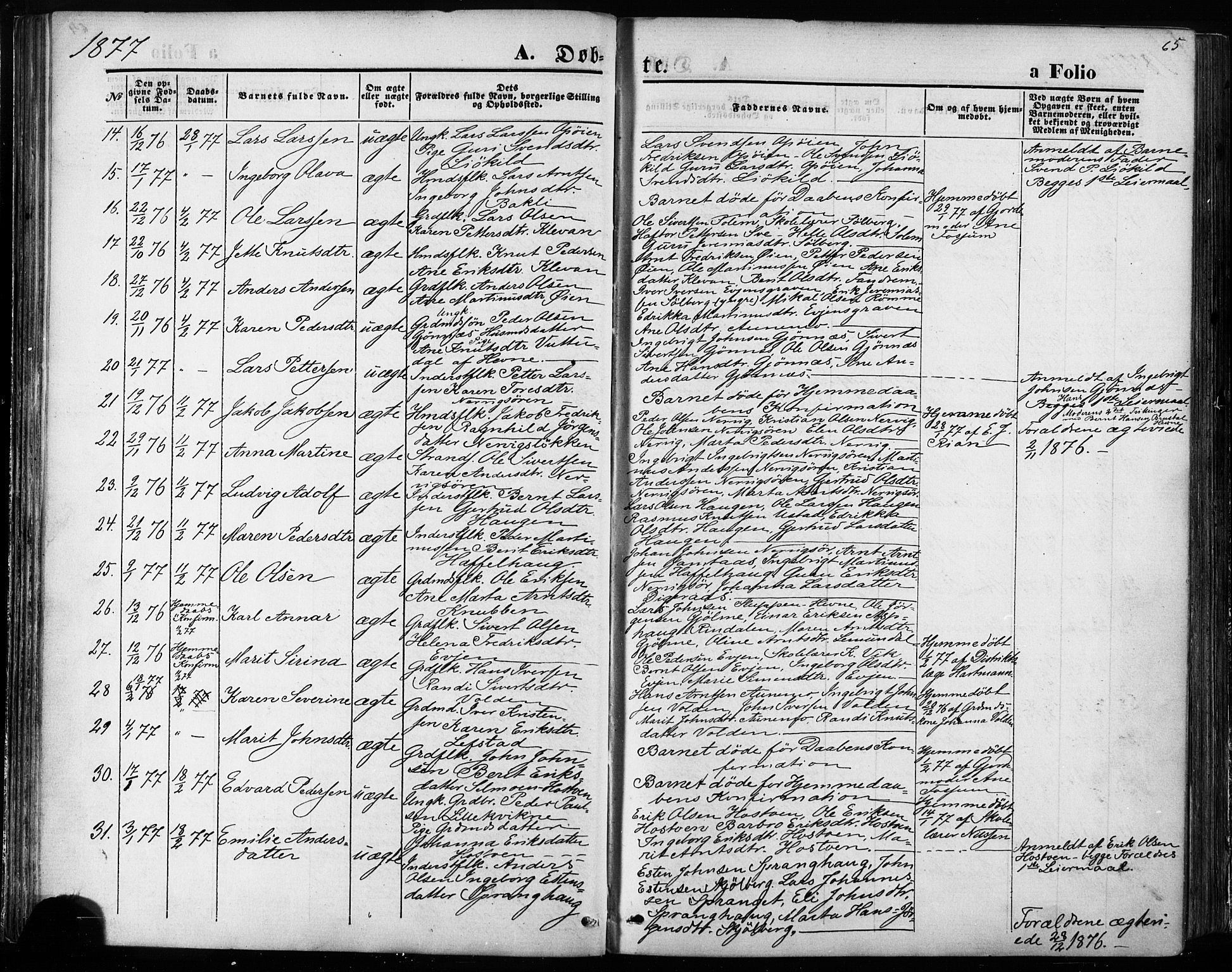 Ministerialprotokoller, klokkerbøker og fødselsregistre - Sør-Trøndelag, SAT/A-1456/668/L0807: Parish register (official) no. 668A07, 1870-1880, p. 65