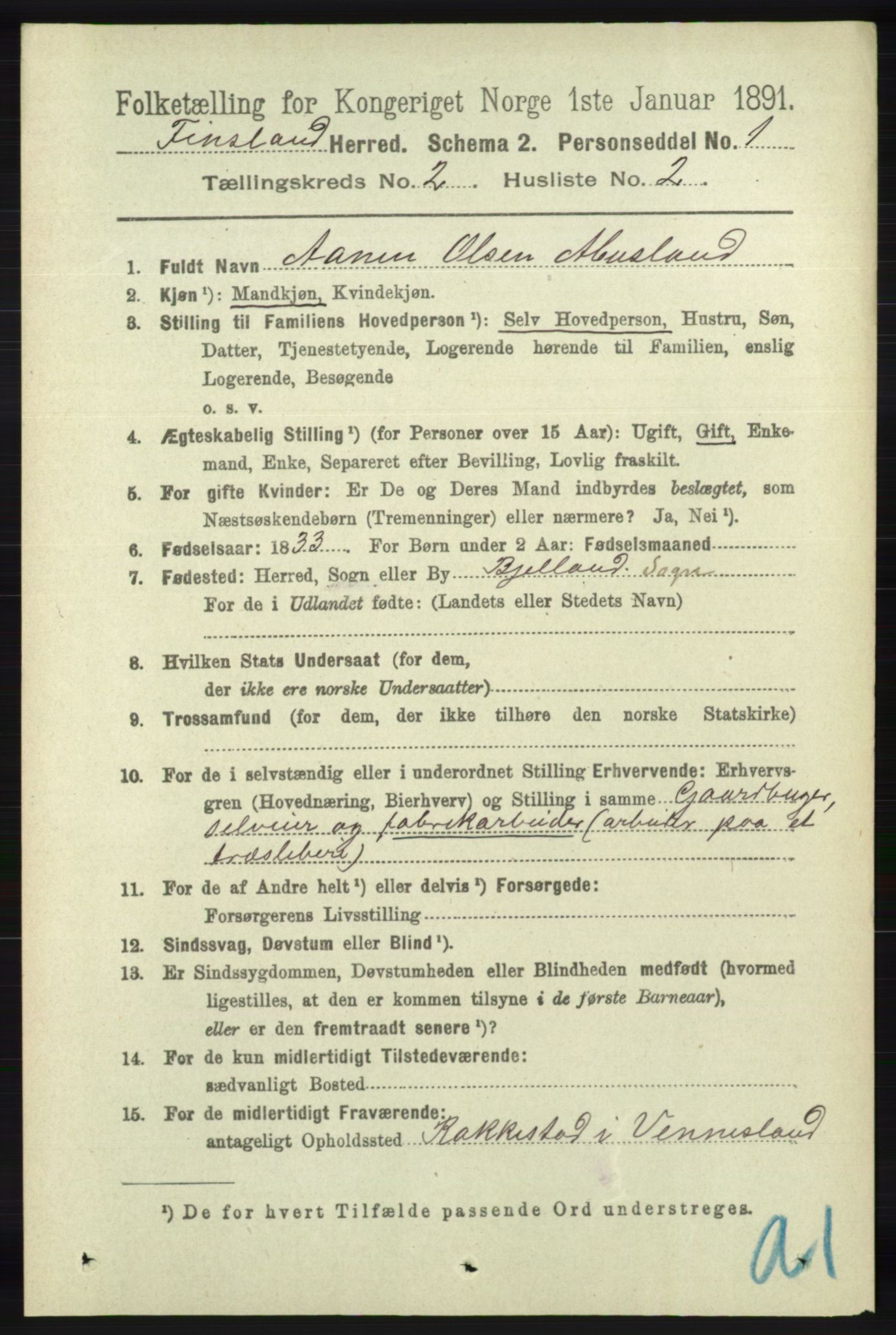 RA, 1891 census for 1023 Finsland, 1891, p. 439