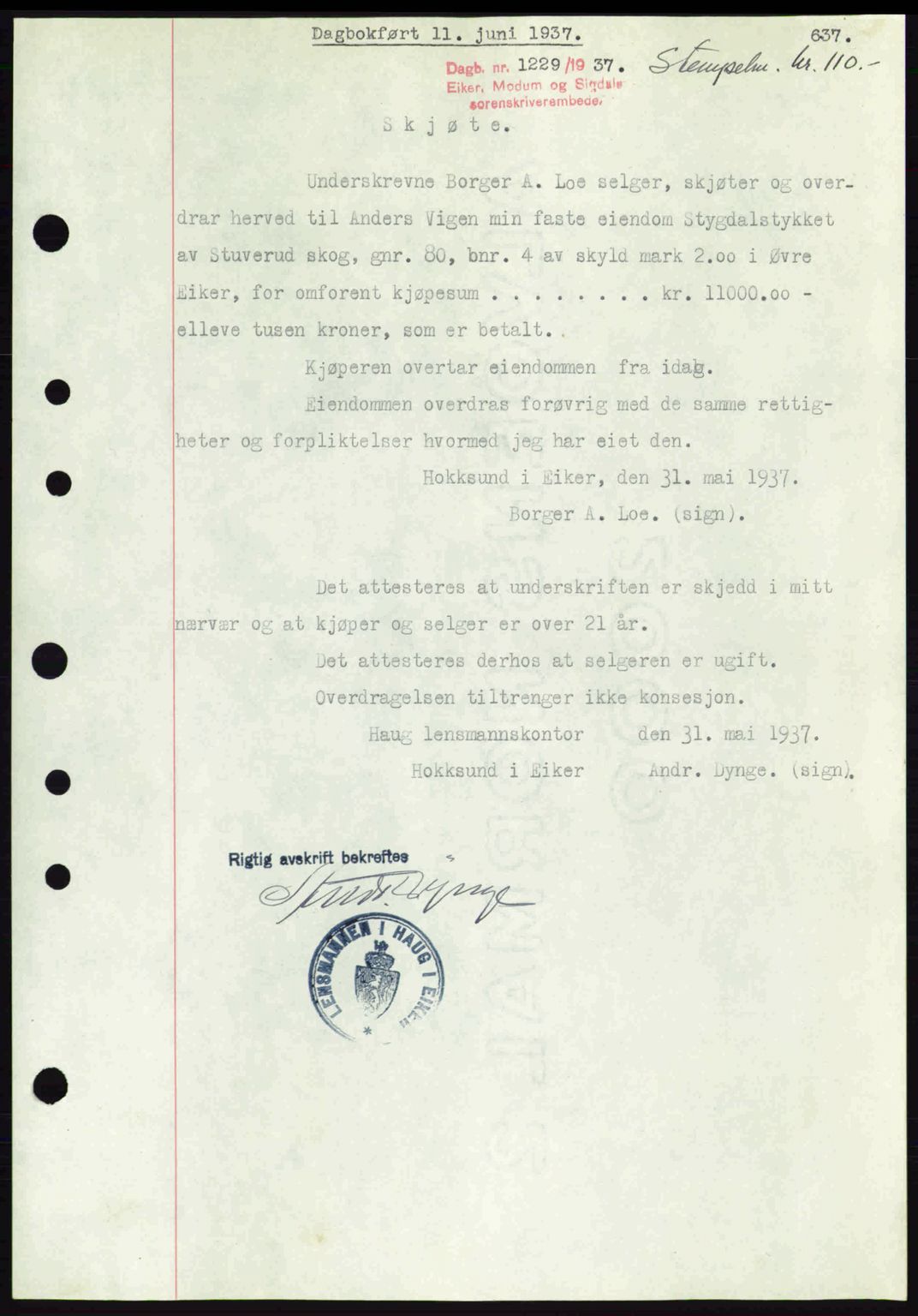 Eiker, Modum og Sigdal sorenskriveri, SAKO/A-123/G/Ga/Gab/L0035: Mortgage book no. A5, 1937-1937, Diary no: : 1229/1937