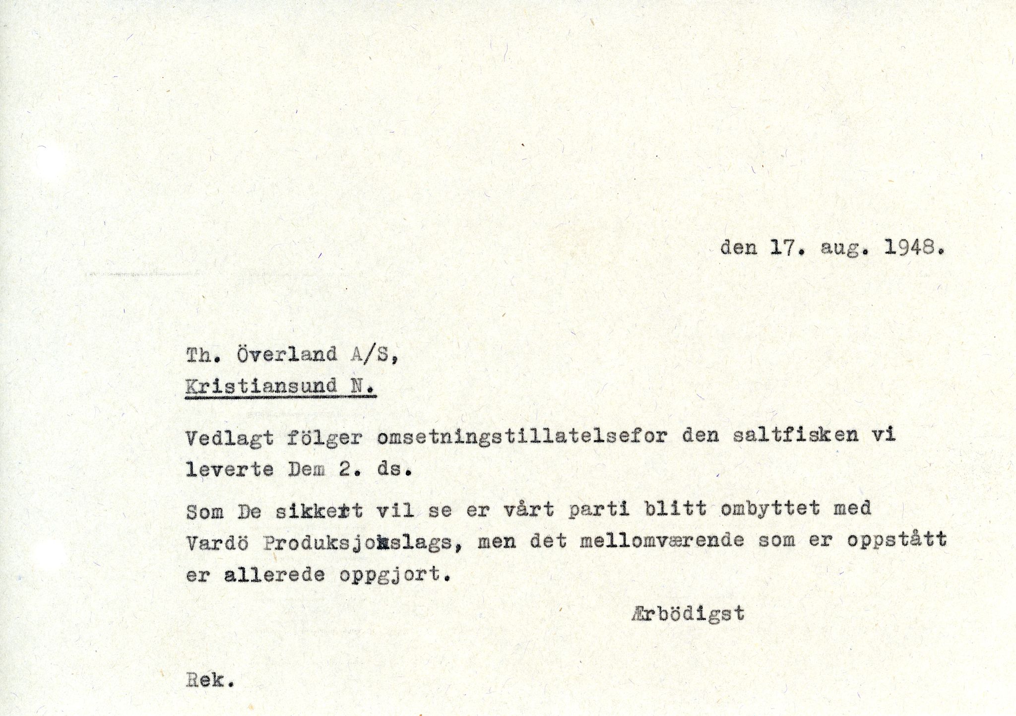 Vardø Fiskersamvirkelag, VAMU/A-0037/D/Da/L0007: Korrespondanse St-Tr, 1947-1950