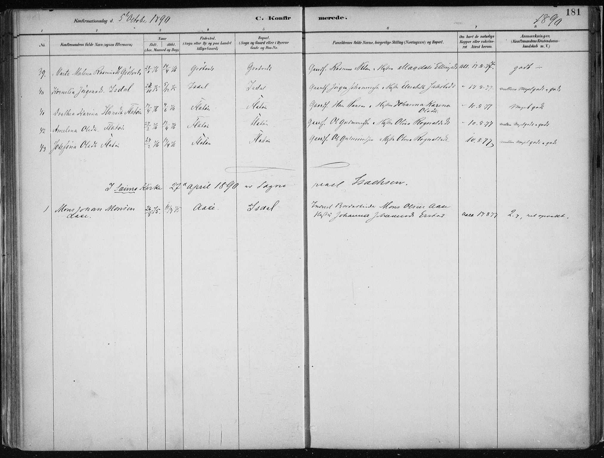 Hamre sokneprestembete, AV/SAB-A-75501/H/Ha/Haa/Haab/L0001: Parish register (official) no. B  1, 1882-1905, p. 181