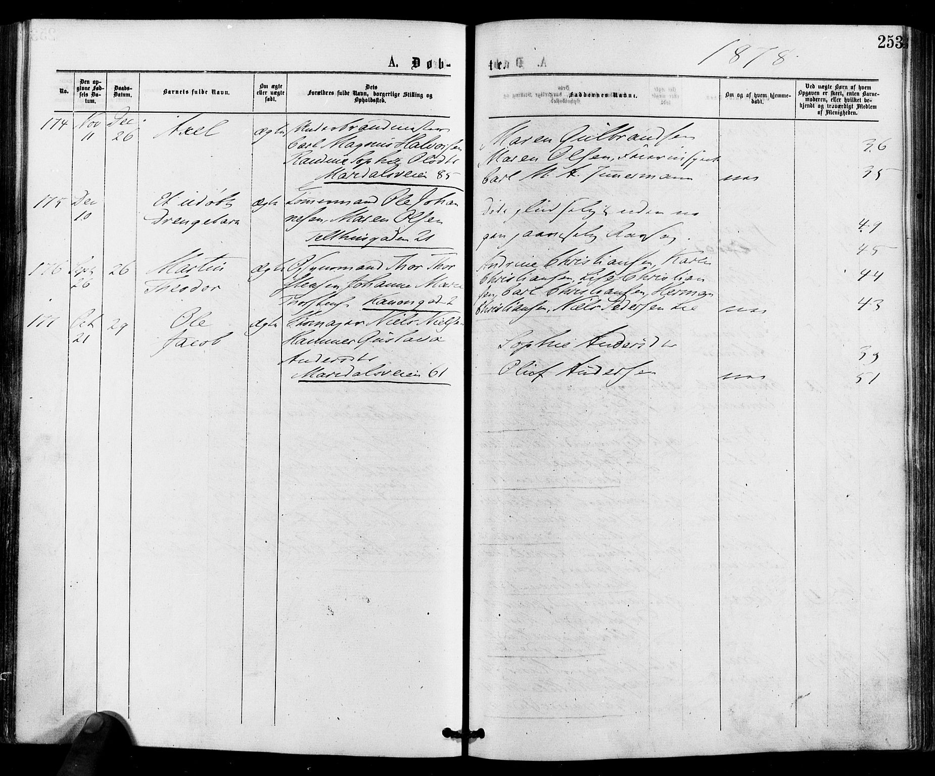 Gamle Aker prestekontor Kirkebøker, AV/SAO-A-10617a/F/L0004: Parish register (official) no. 4, 1872-1879, p. 253