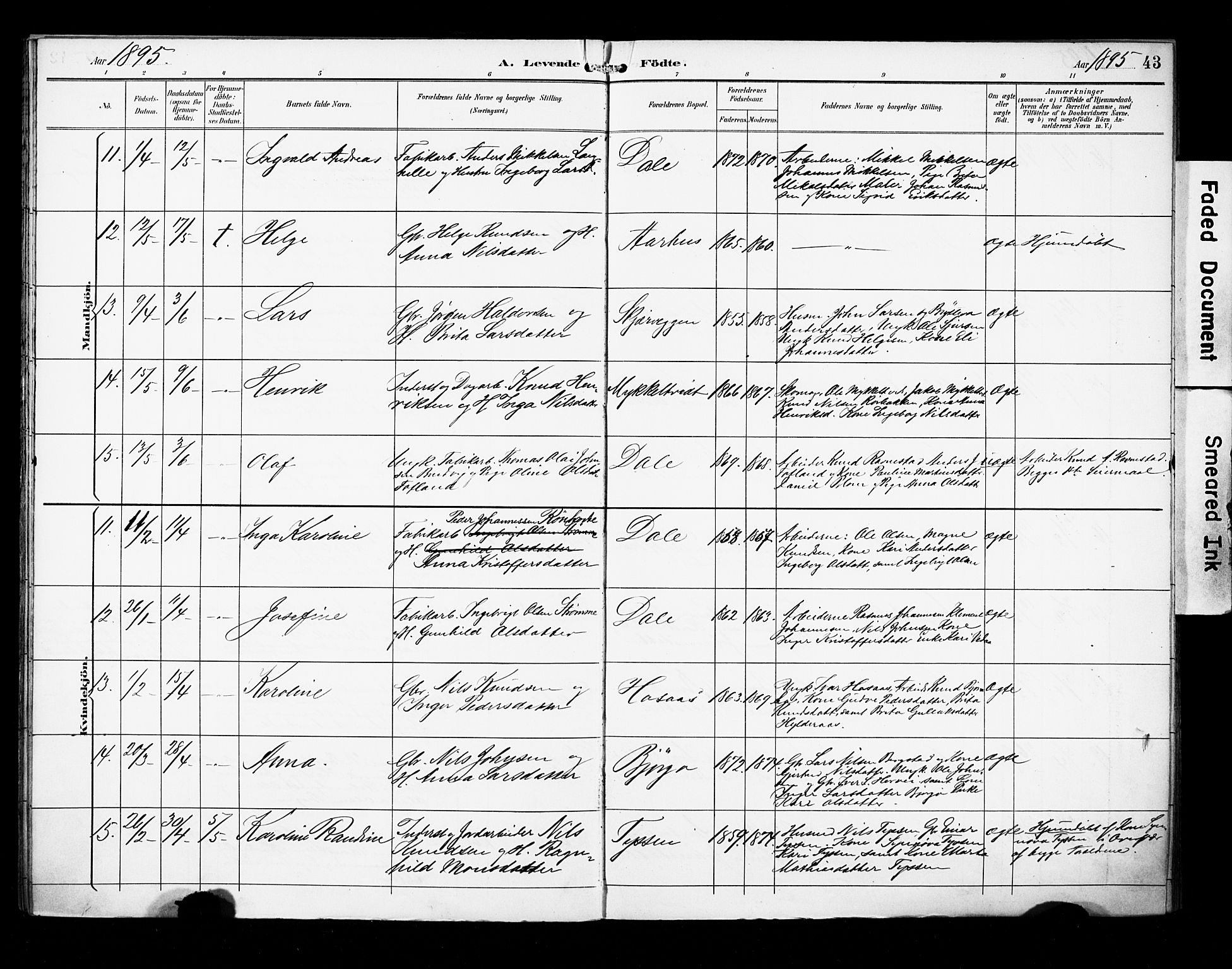 Evanger sokneprestembete, AV/SAB-A-99924: Parish register (official) no. A 2, 1892-1899, p. 43