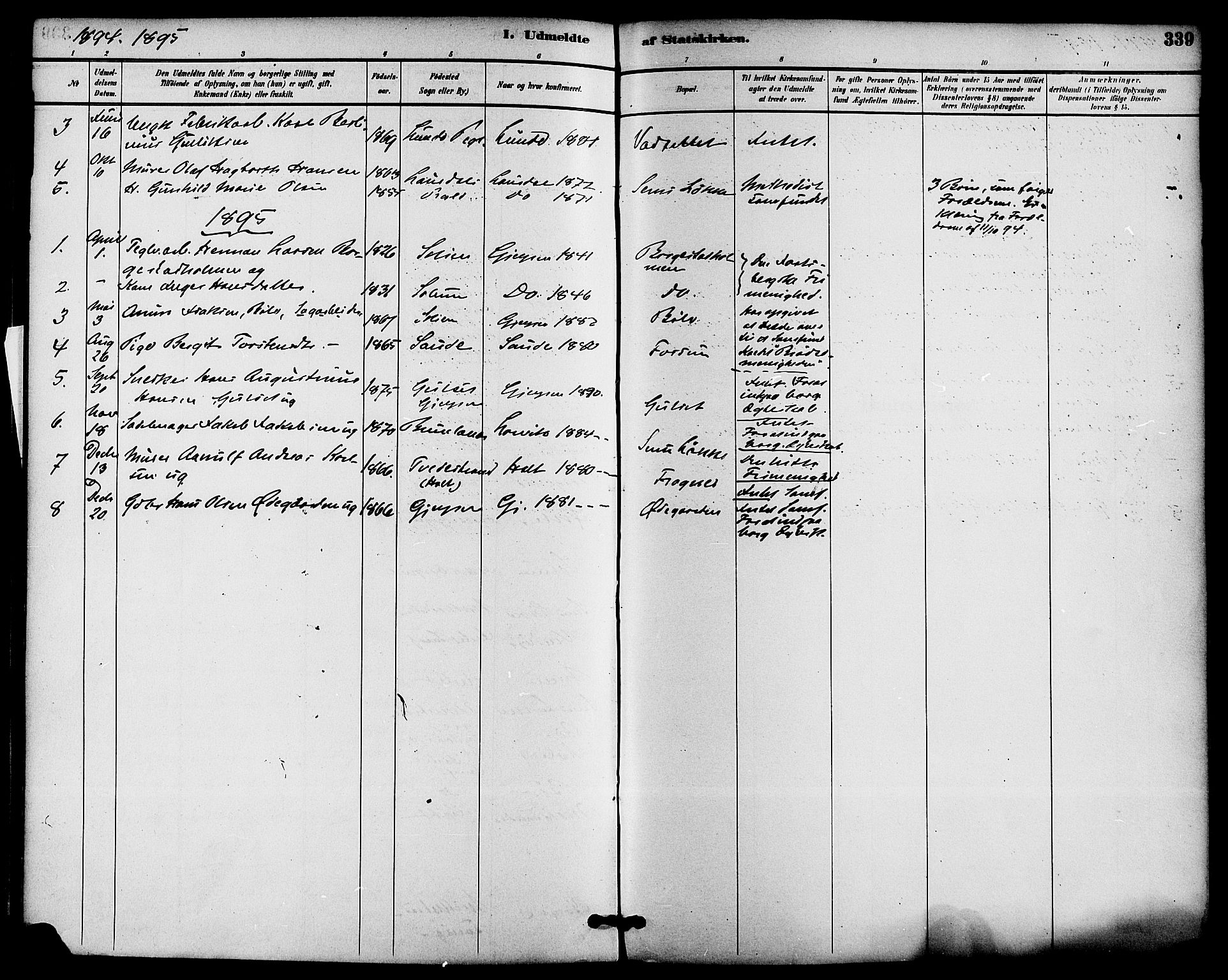 Gjerpen kirkebøker, SAKO/A-265/F/Fa/L0010: Parish register (official) no. I 10, 1886-1895, p. 339