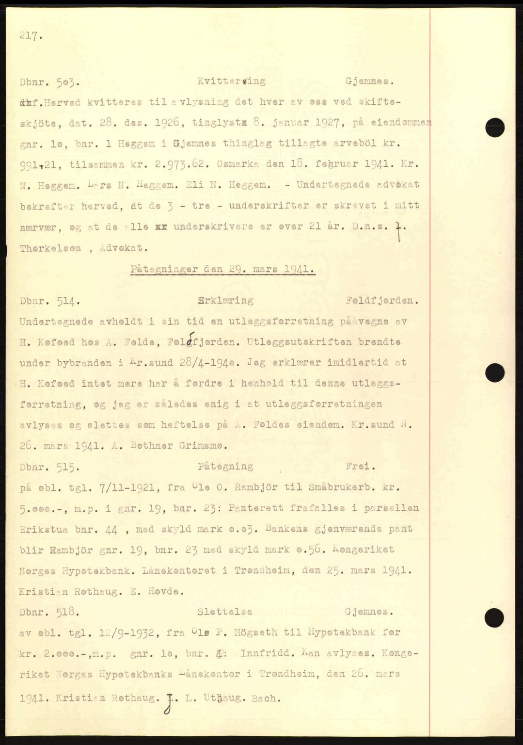 Nordmøre sorenskriveri, AV/SAT-A-4132/1/2/2Ca: Mortgage book no. C81, 1940-1945, Diary no: : 503/1941