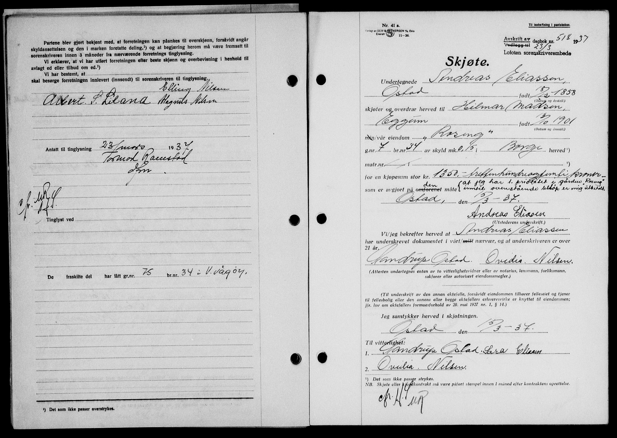 Lofoten sorenskriveri, SAT/A-0017/1/2/2C/L0002a: Mortgage book no. 2a, 1937-1937, Diary no: : 518/1937