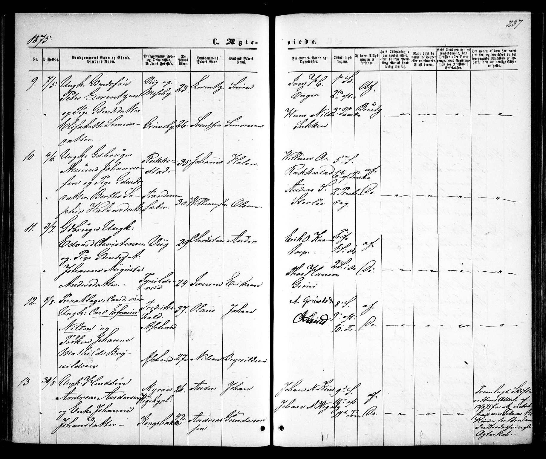 Rødenes prestekontor Kirkebøker, AV/SAO-A-2005/F/Fa/L0008: Parish register (official) no. I 8, 1869-1879, p. 237