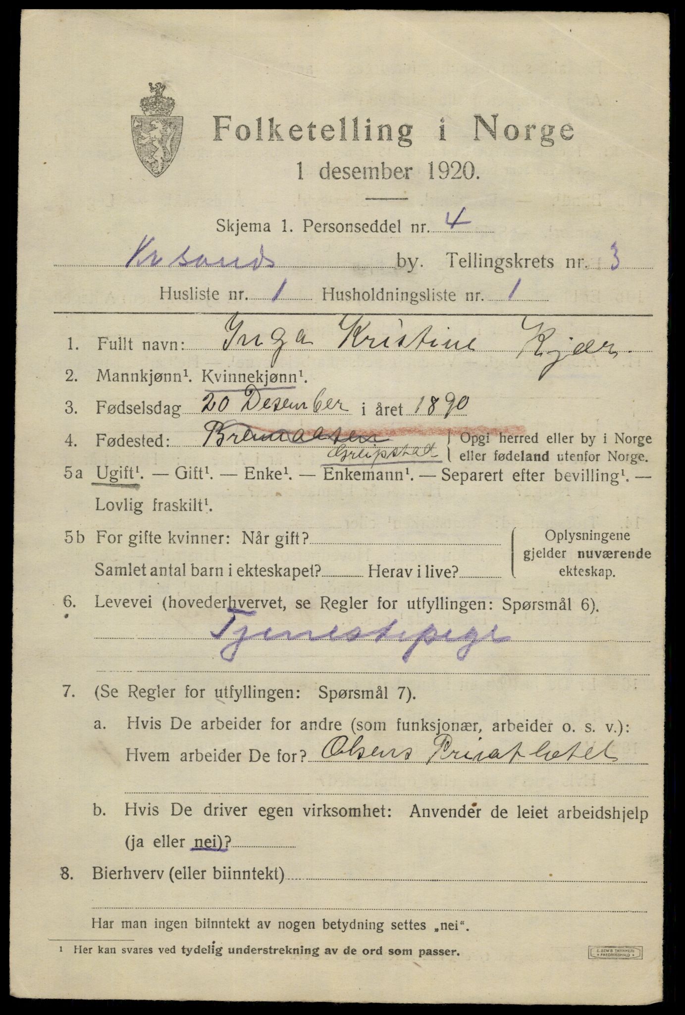 SAK, 1920 census for Kristiansand, 1920, p. 13735