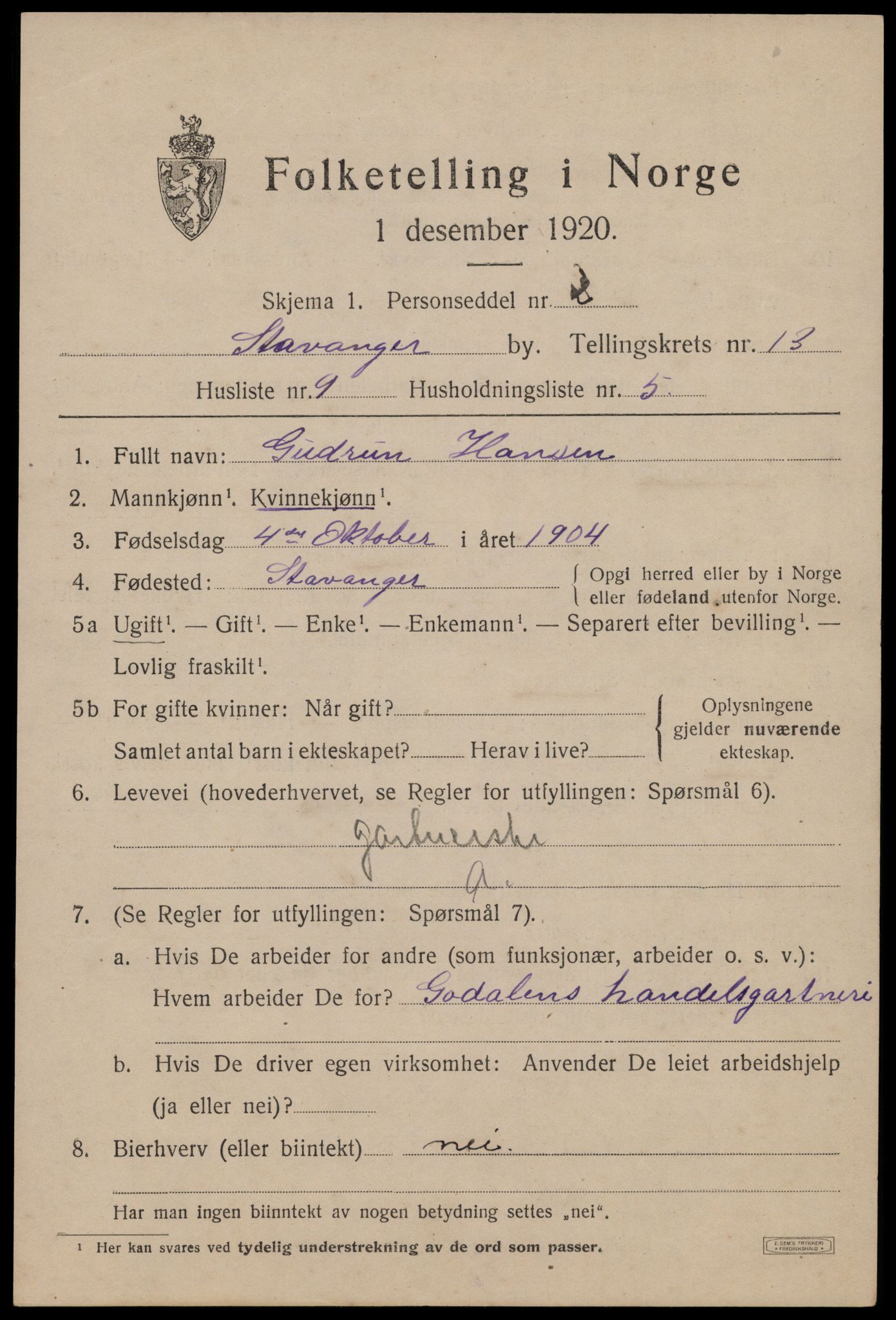 SAST, 1920 census for Stavanger, 1920, p. 57864