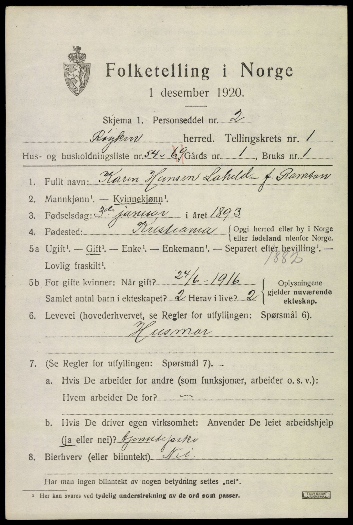 SAKO, 1920 census for Røyken, 1920, p. 2466