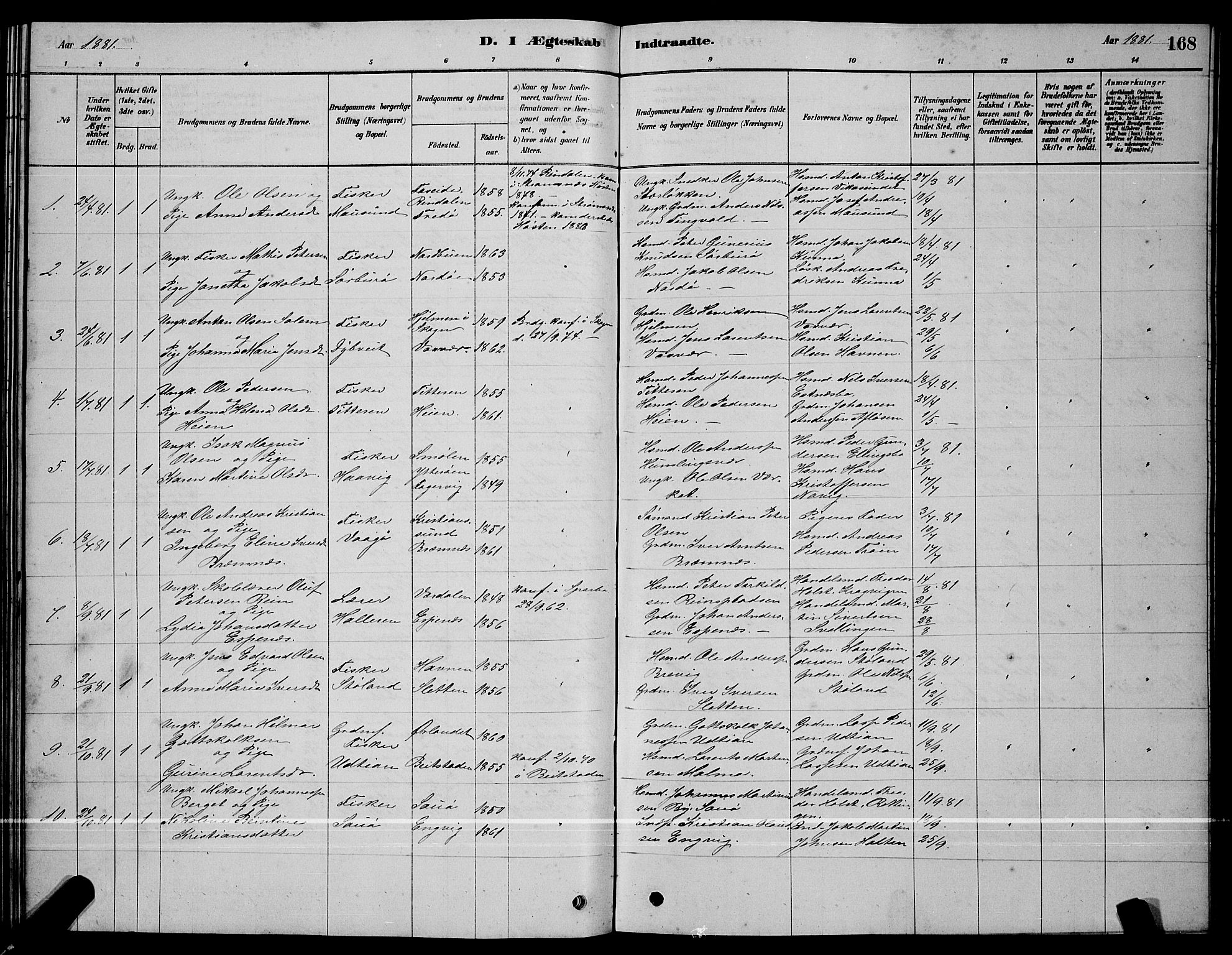 Ministerialprotokoller, klokkerbøker og fødselsregistre - Sør-Trøndelag, SAT/A-1456/640/L0585: Parish register (copy) no. 640C03, 1878-1891, p. 168