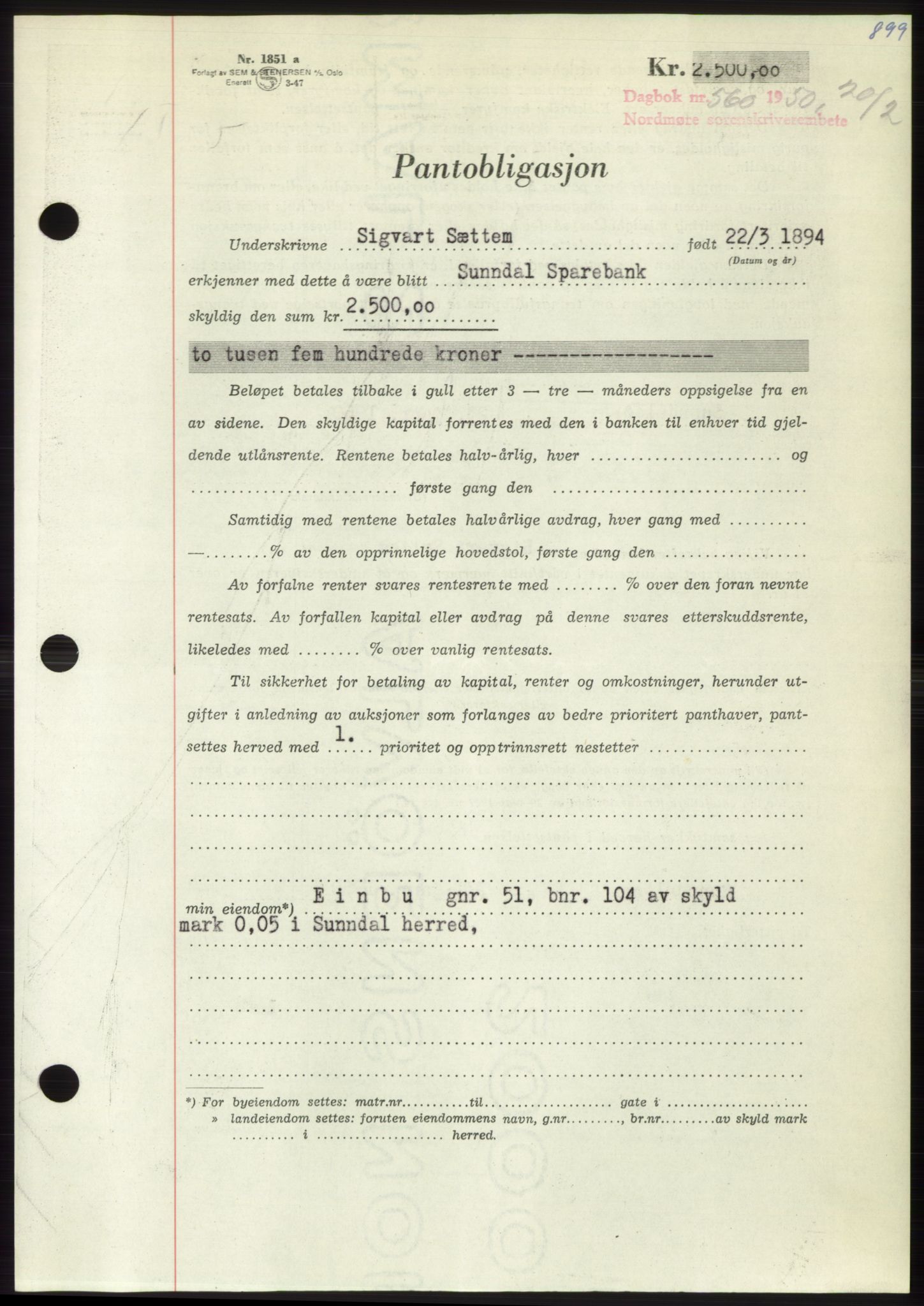 Nordmøre sorenskriveri, AV/SAT-A-4132/1/2/2Ca: Mortgage book no. B103, 1949-1950, Diary no: : 560/1950