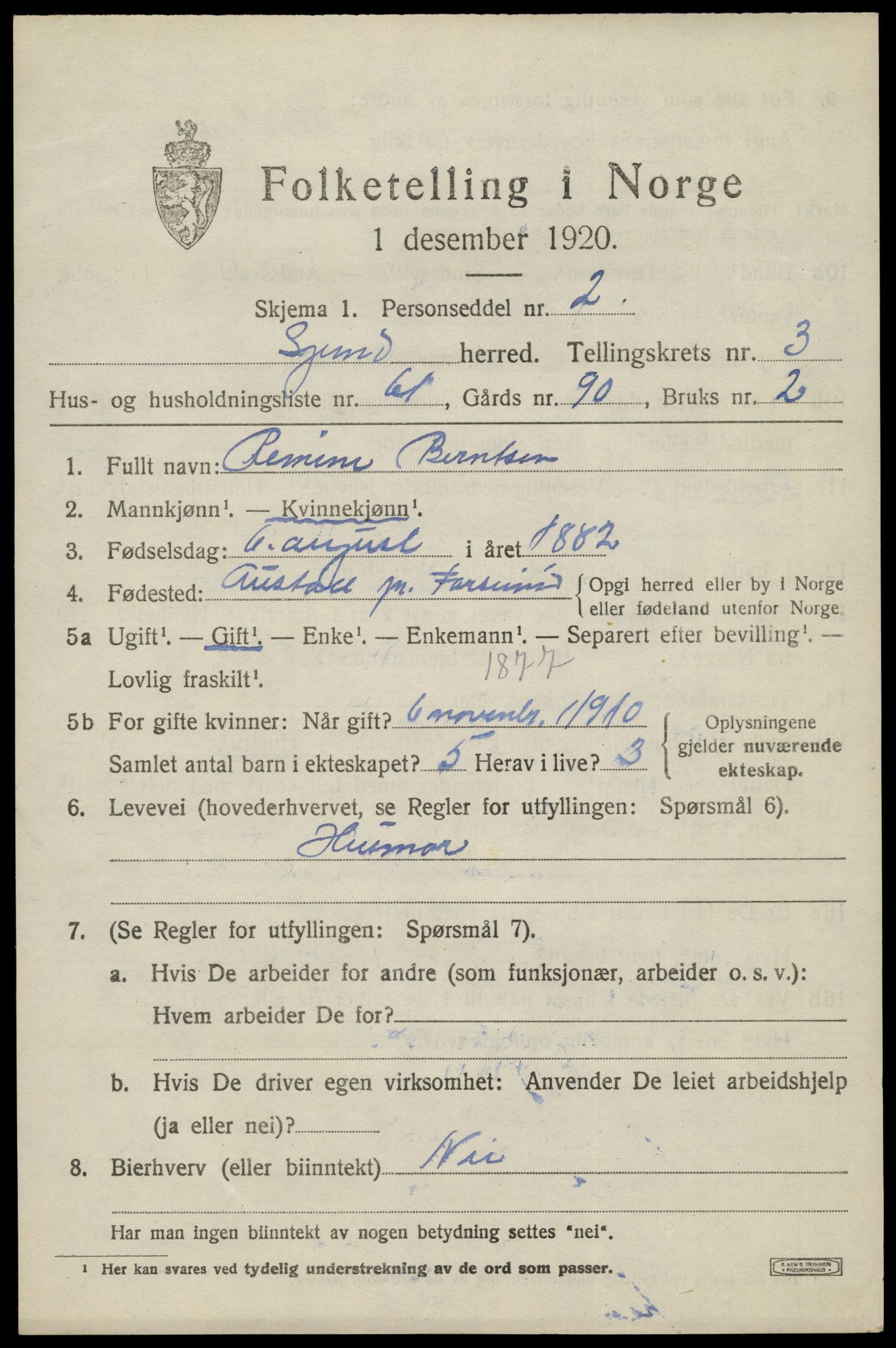 SAK, 1920 census for Spind, 1920, p. 2165