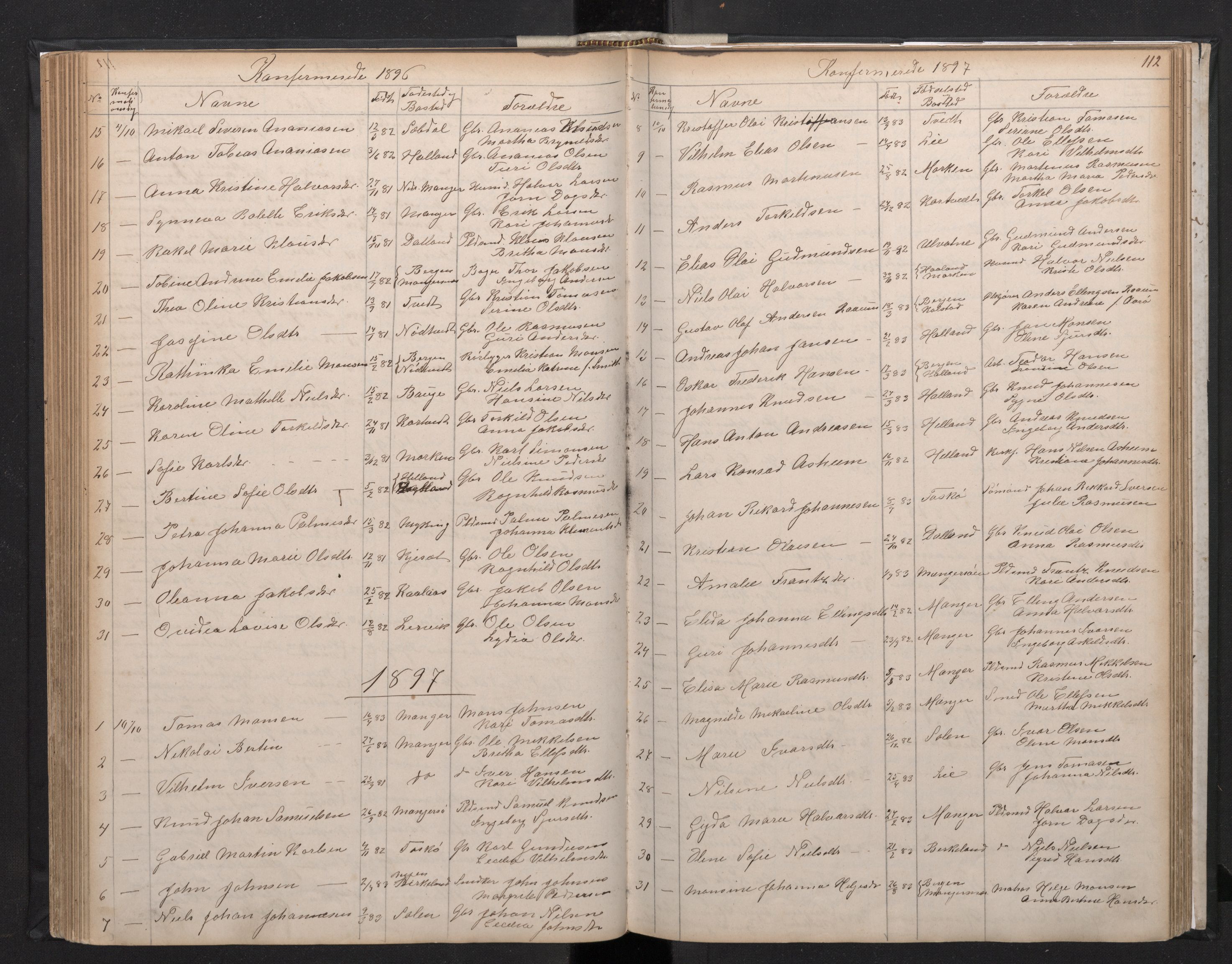 Manger sokneprestembete, SAB/A-76801/H/Hab: Parish register (copy) no. A 1, 1874-1901, p. 111b-112a