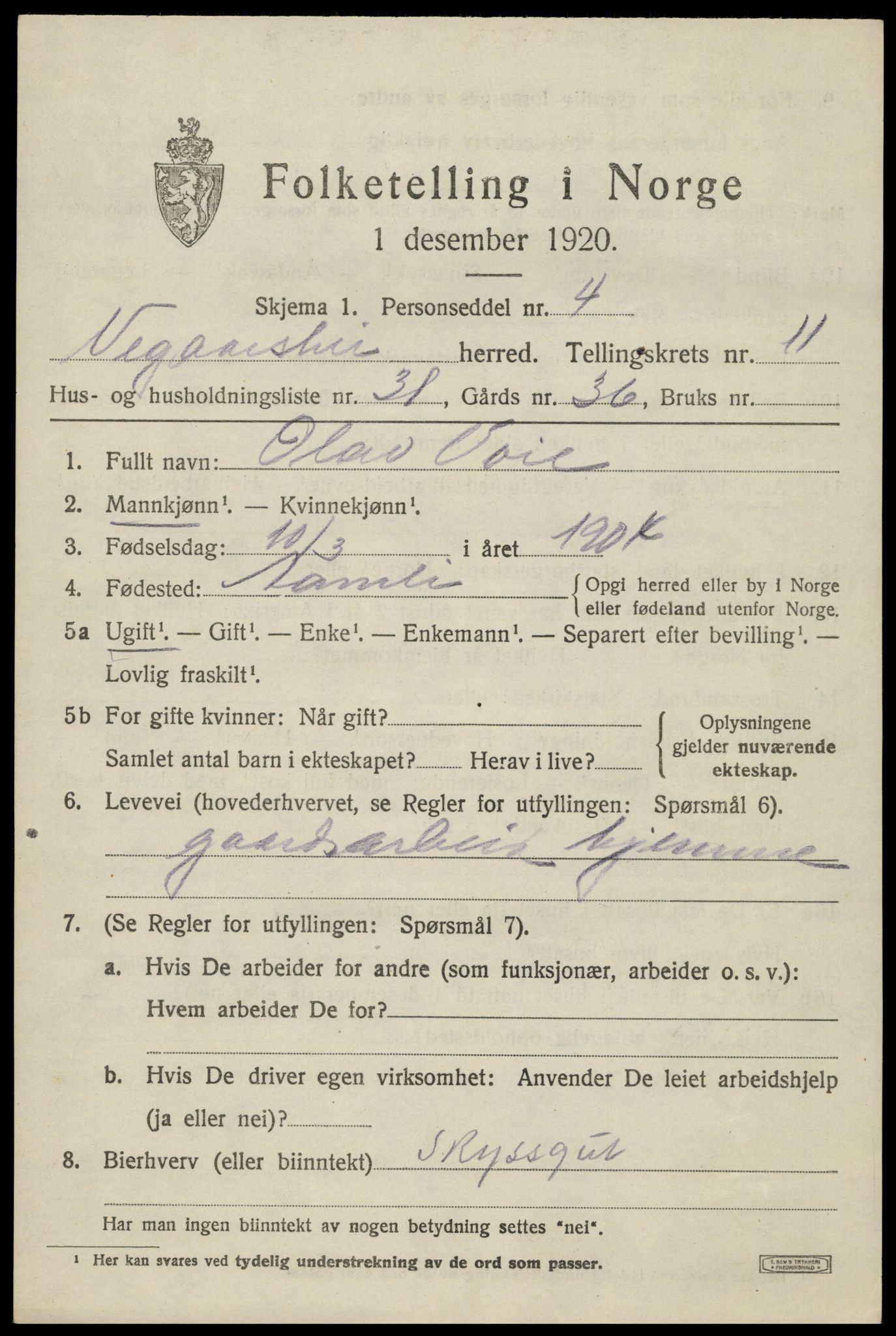 SAK, 1920 census for Vegårshei, 1920, p. 3786