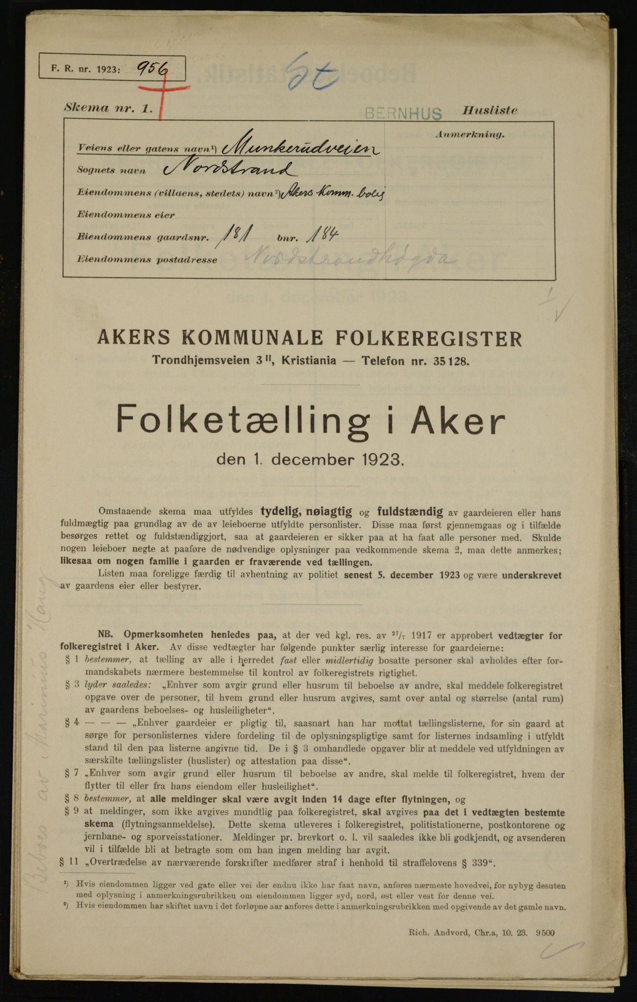 , Municipal Census 1923 for Aker, 1923, p. 42282