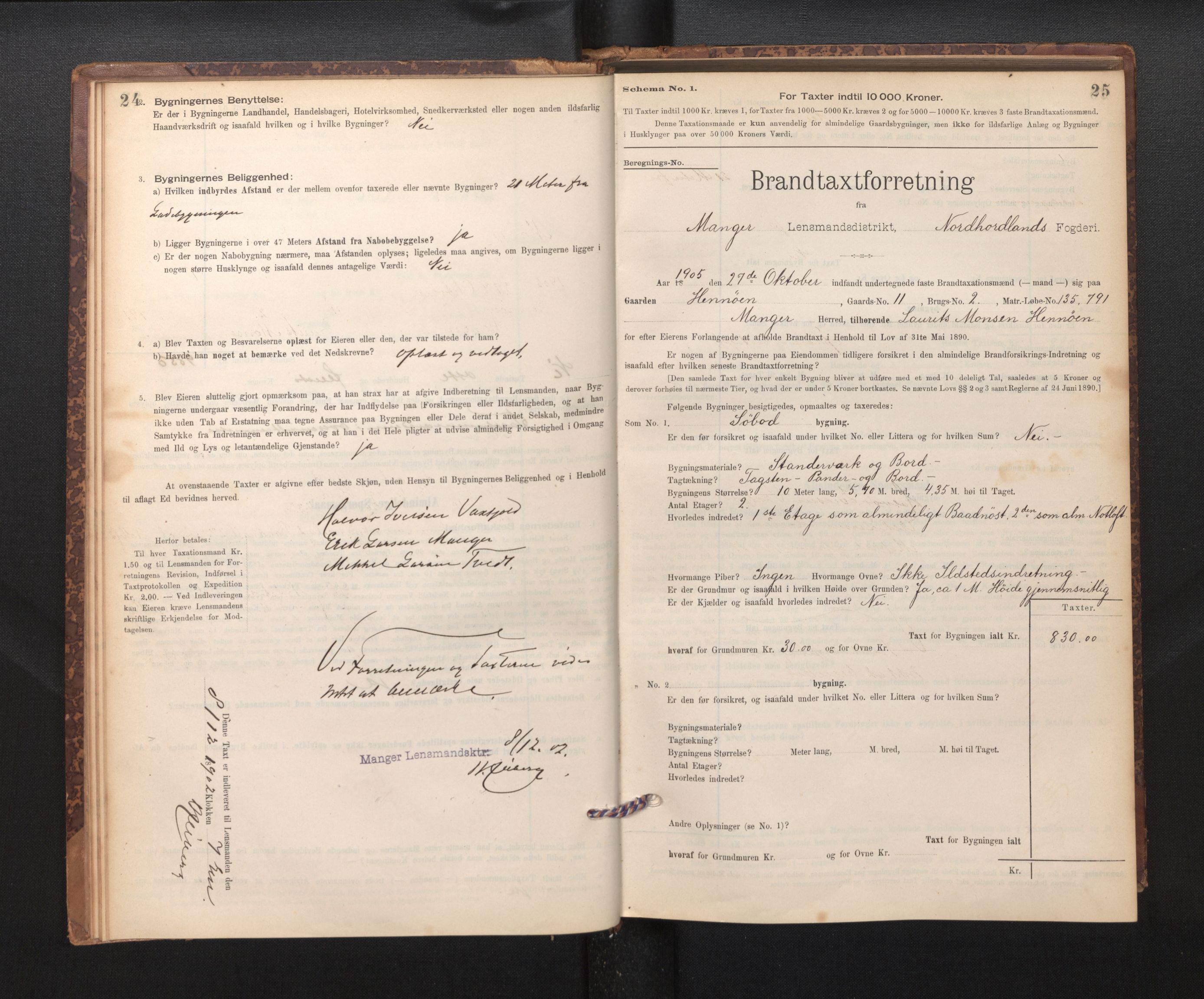 Lensmannen i Manger, SAB/A-33701/0012/L0004: Branntakstprotokoll, skjematakst, 1894-1952, p. 24-25