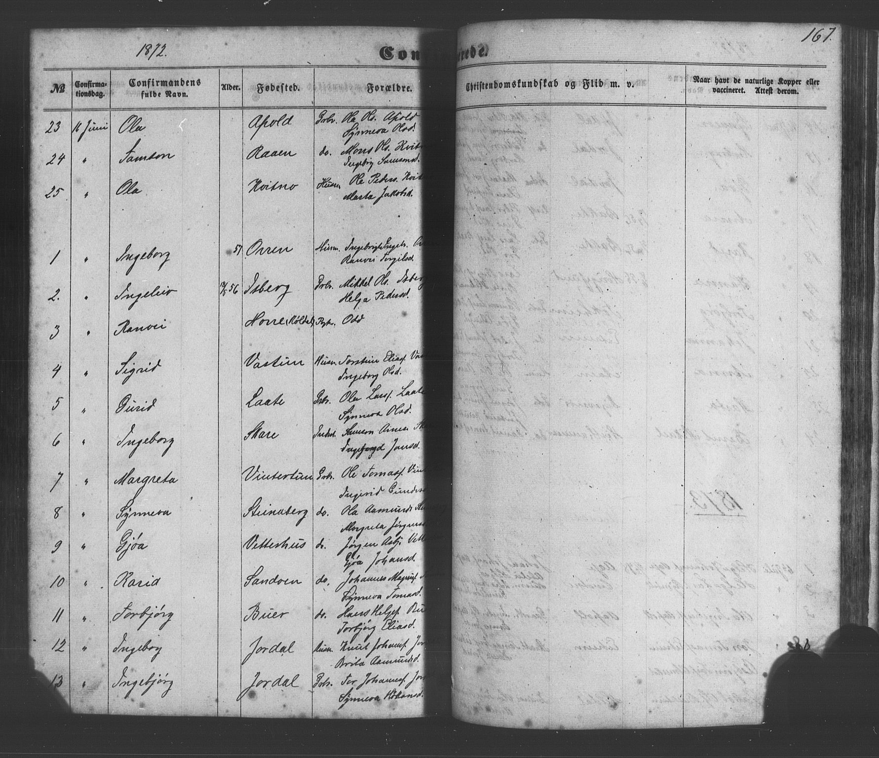 Odda Sokneprestembete, SAB/A-77201/H/Hab: Parish register (copy) no. A 4, 1858-1886, p. 167