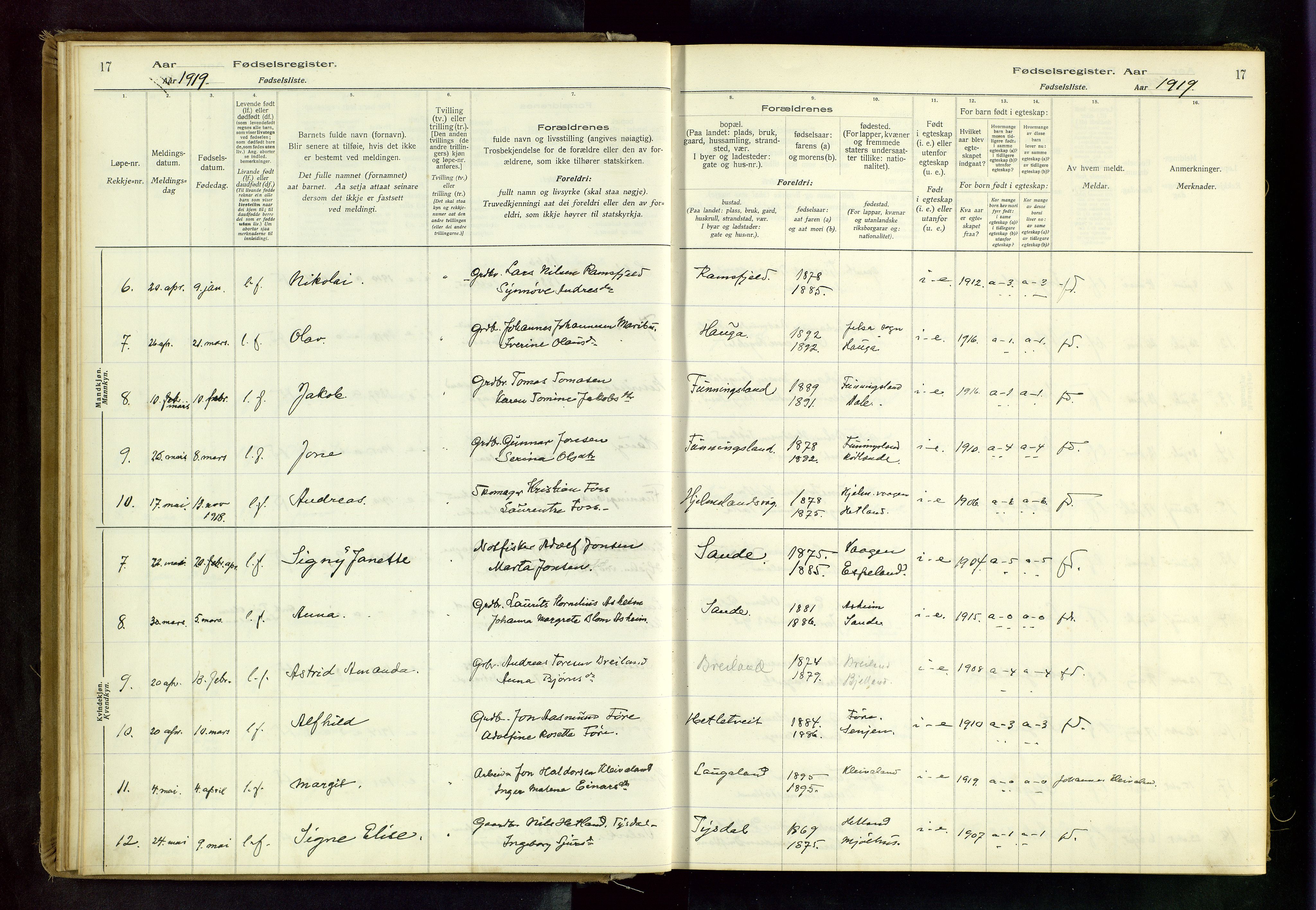 Hjelmeland sokneprestkontor, SAST/A-101843/02/B/L0001: Birth register no. 1, 1916-1963, p. 17