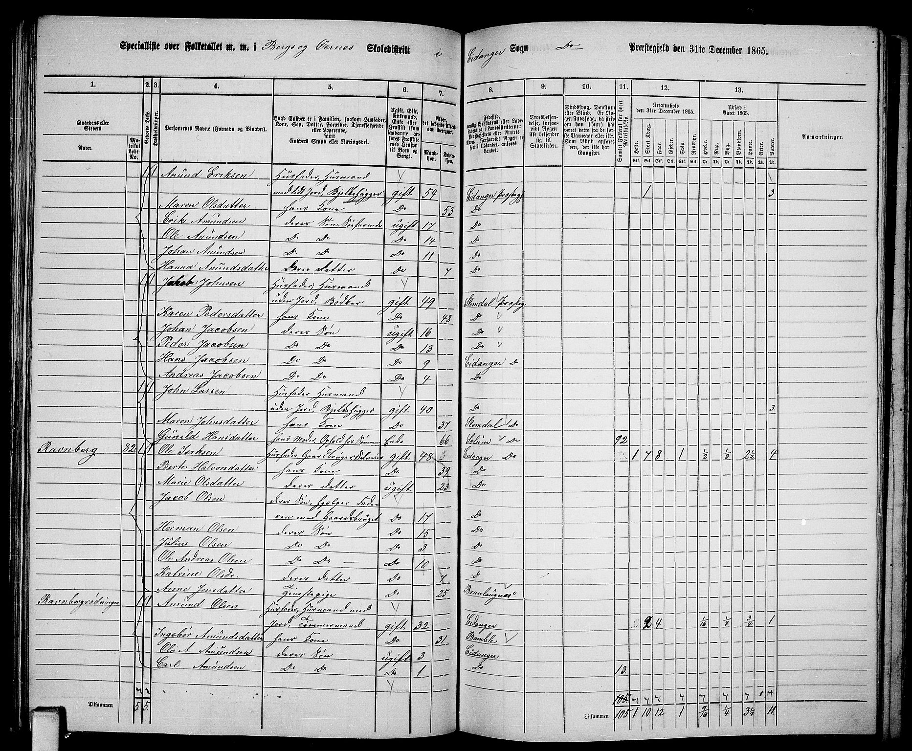 RA, 1865 census for Eidanger, 1865, p. 53