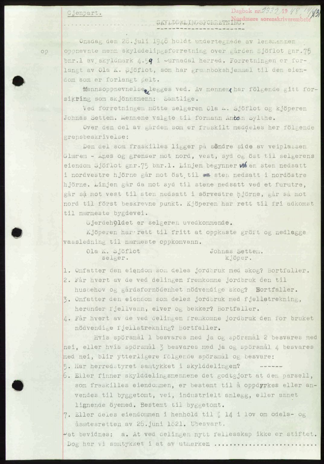 Nordmøre sorenskriveri, AV/SAT-A-4132/1/2/2Ca: Mortgage book no. A109, 1948-1948, Diary no: : 2332/1948