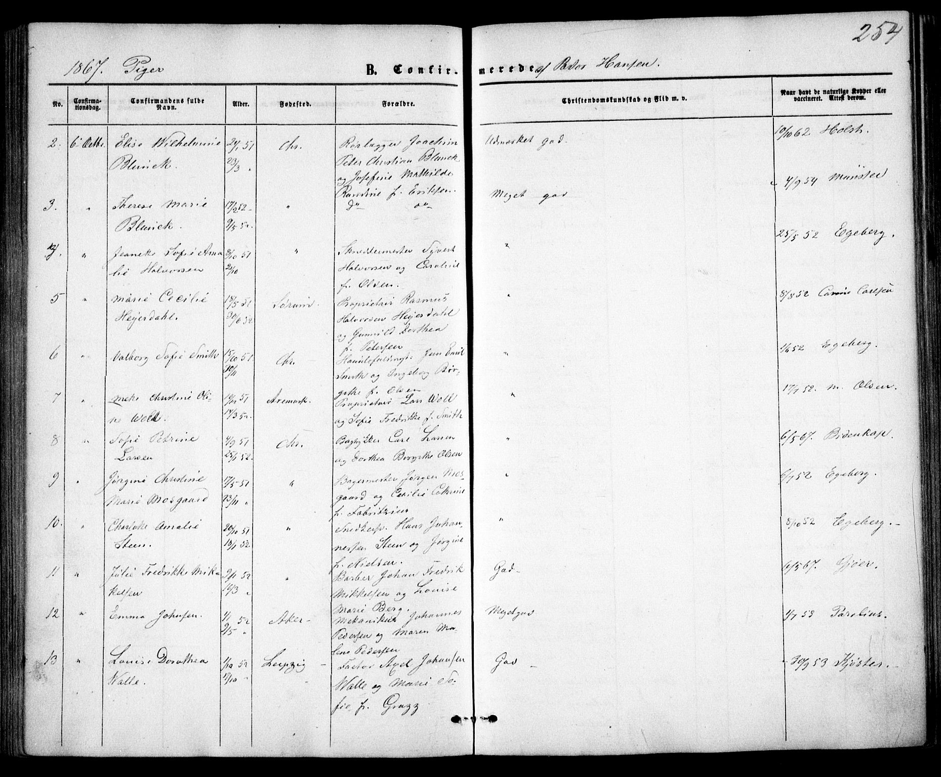 Trefoldighet prestekontor Kirkebøker, AV/SAO-A-10882/F/Fb/L0001: Parish register (official) no. II 1, 1858-1871, p. 254