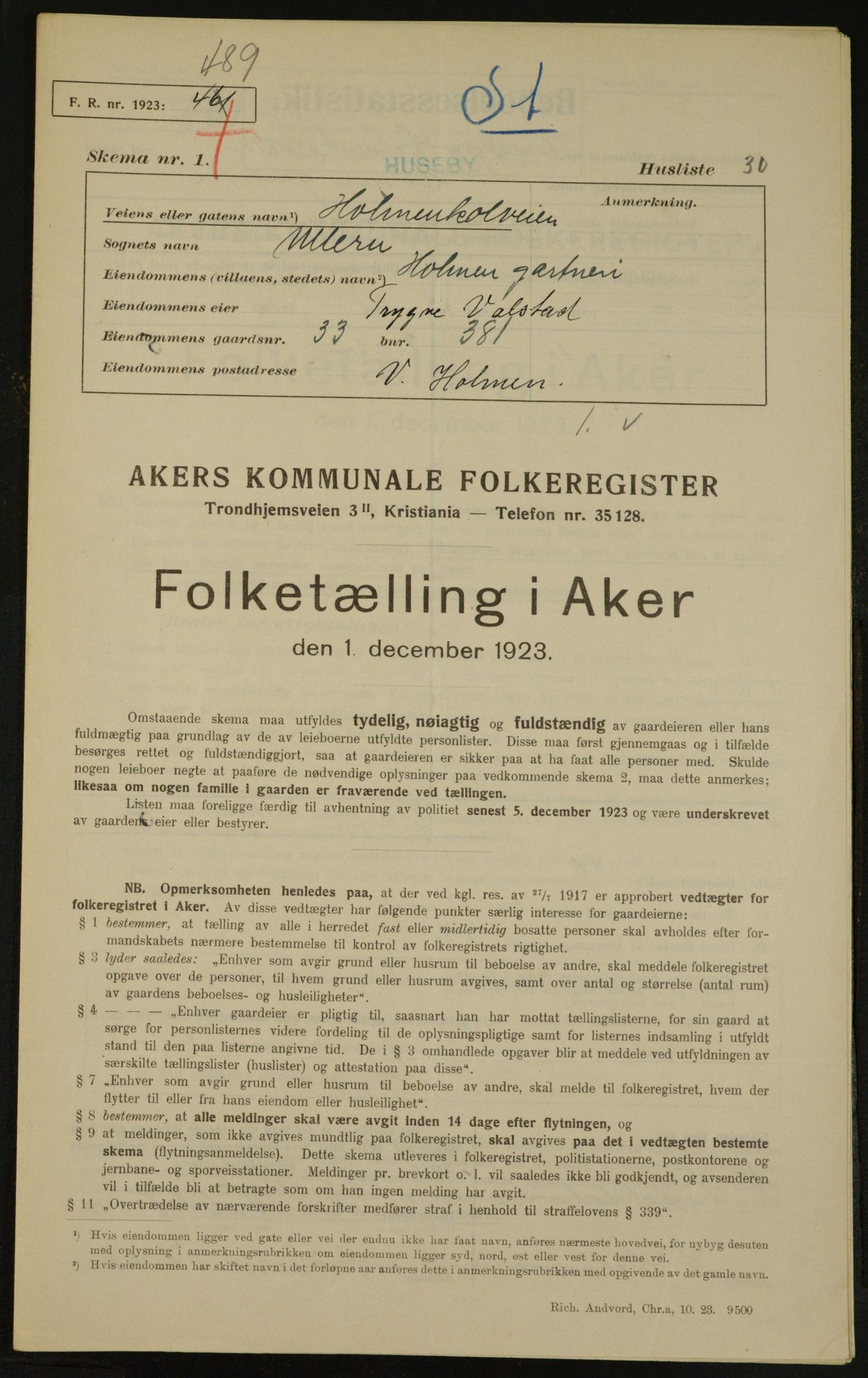 , Municipal Census 1923 for Aker, 1923, p. 2959