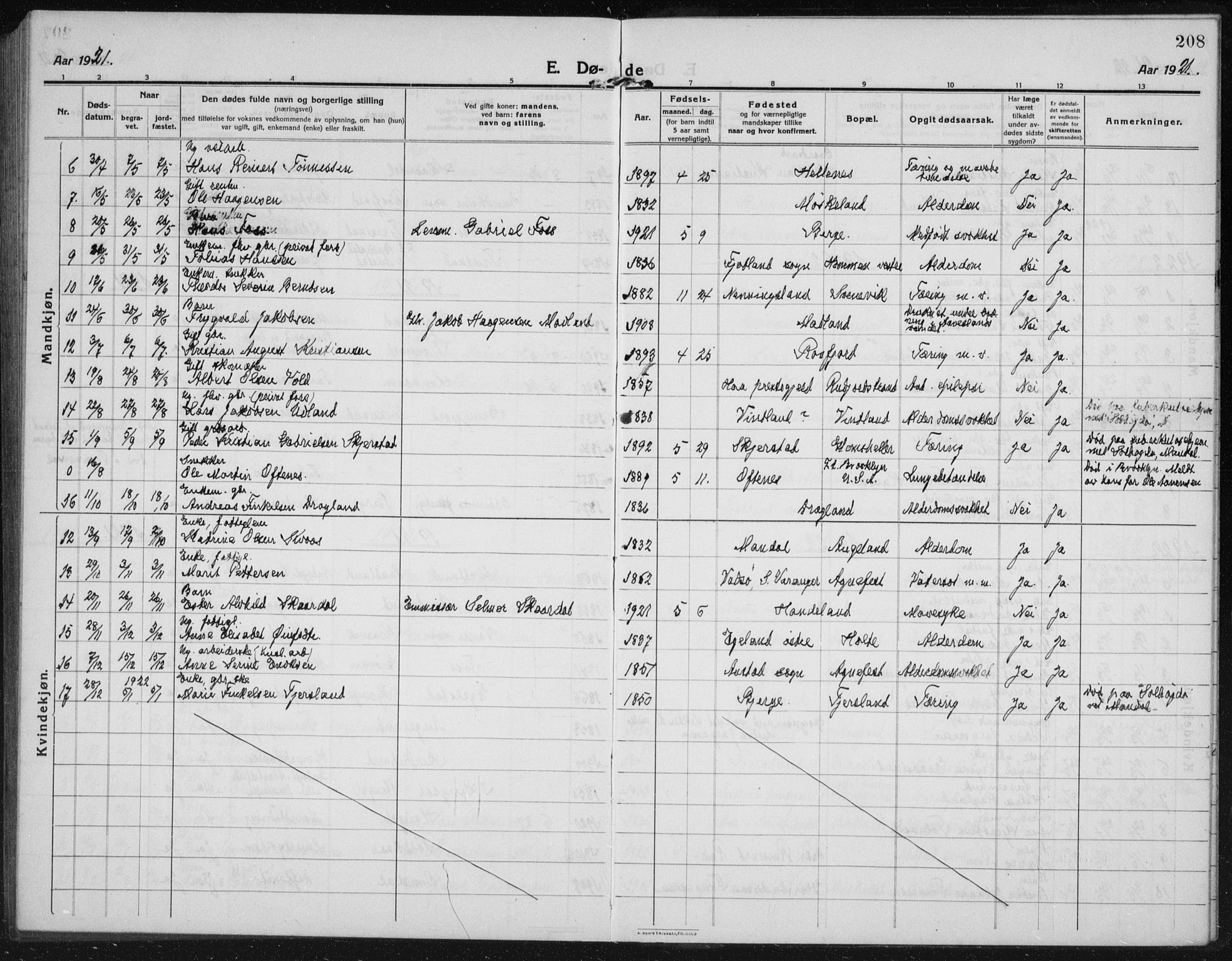 Lyngdal sokneprestkontor, AV/SAK-1111-0029/F/Fb/Fbc/L0006: Parish register (copy) no. B 6, 1914-1934, p. 208