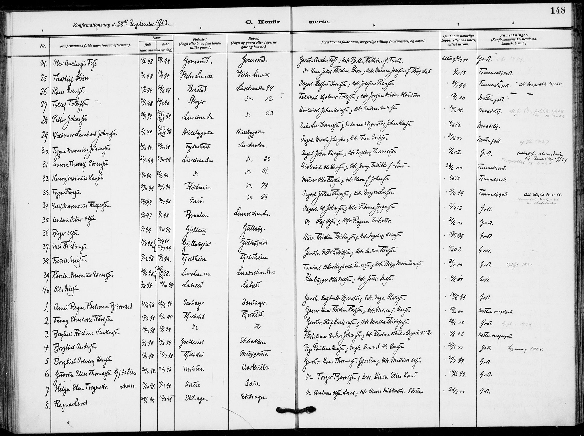 Lier kirkebøker, SAKO/A-230/F/Fa/L0018: Parish register (official) no. I 18, 1909-1917, p. 148