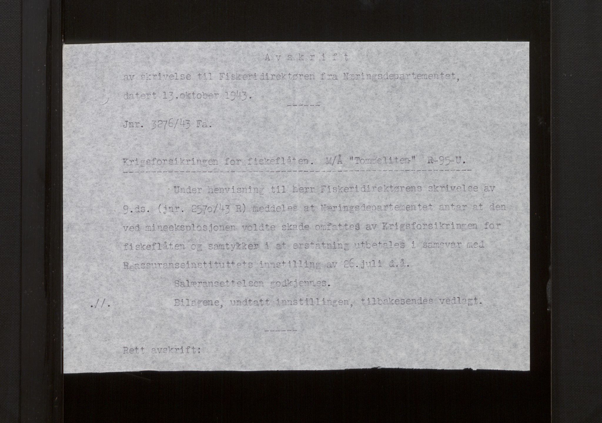 Fiskeridirektoratet - 1 Adm. ledelse - 13 Båtkontoret, AV/SAB-A-2003/La/L0008: Statens krigsforsikring for fiskeflåten, 1936-1971, p. 214